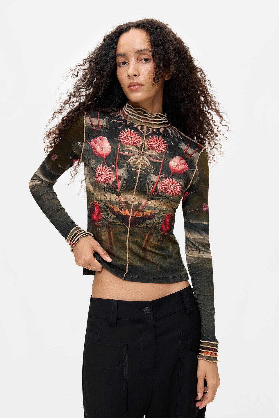 Printed T-Shirt With High Neck - Multicolor