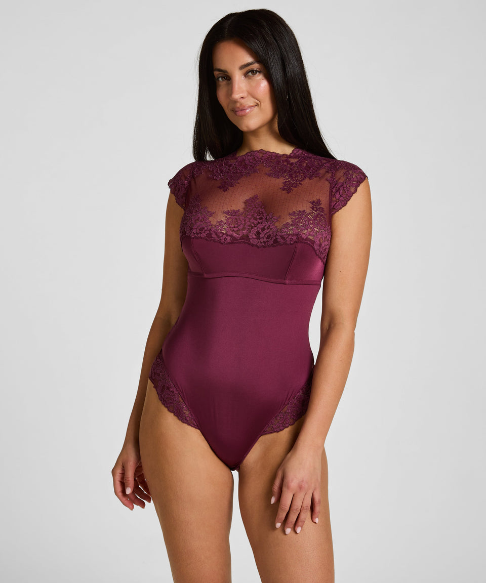 High-Neck Lace-Applique Cap-Sleeve Bodysuit - Purple