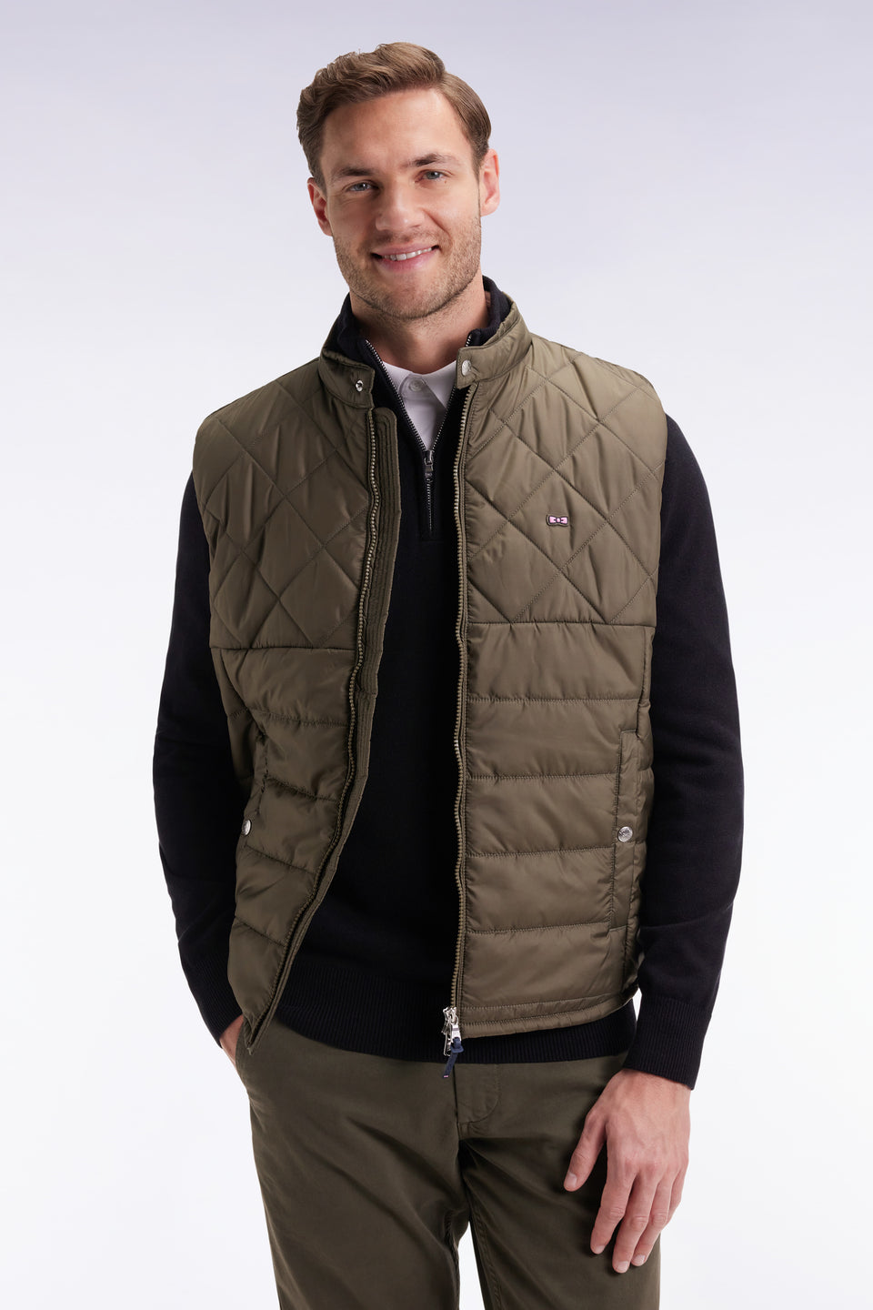 Eden Park Khaki quilted nylon sleeveless down jacket with biker collar