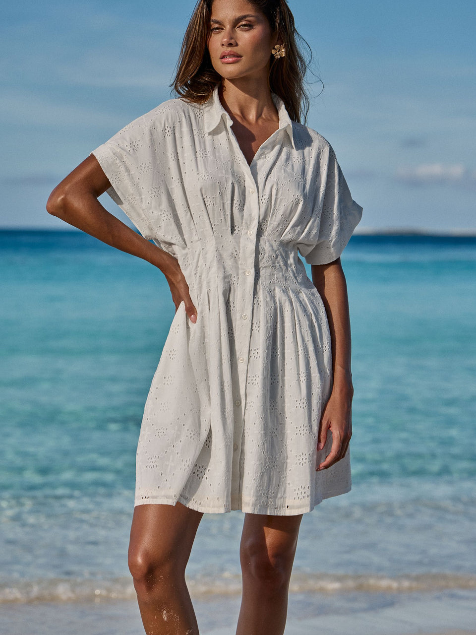 Lipsy London Lipsy White Short Sleeve Broderie Mini Shirt Dress