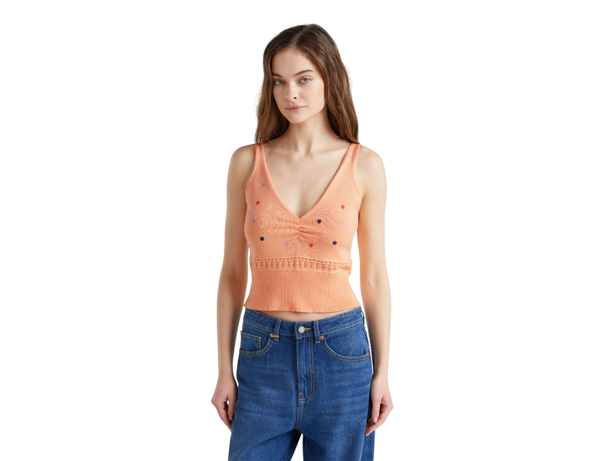Benetton Knit Tank Top With Flower Embroidery