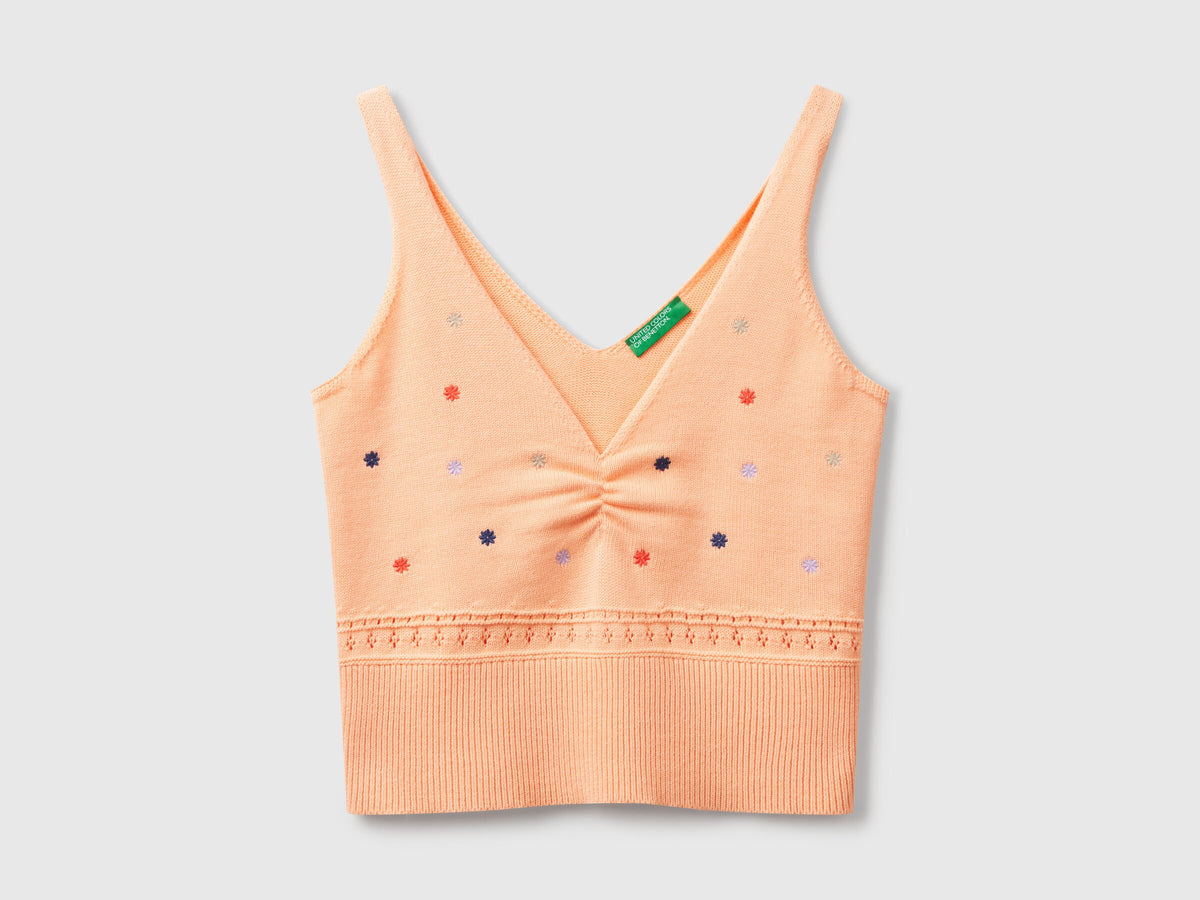 Benetton Knit Tank Top With Flower Embroidery