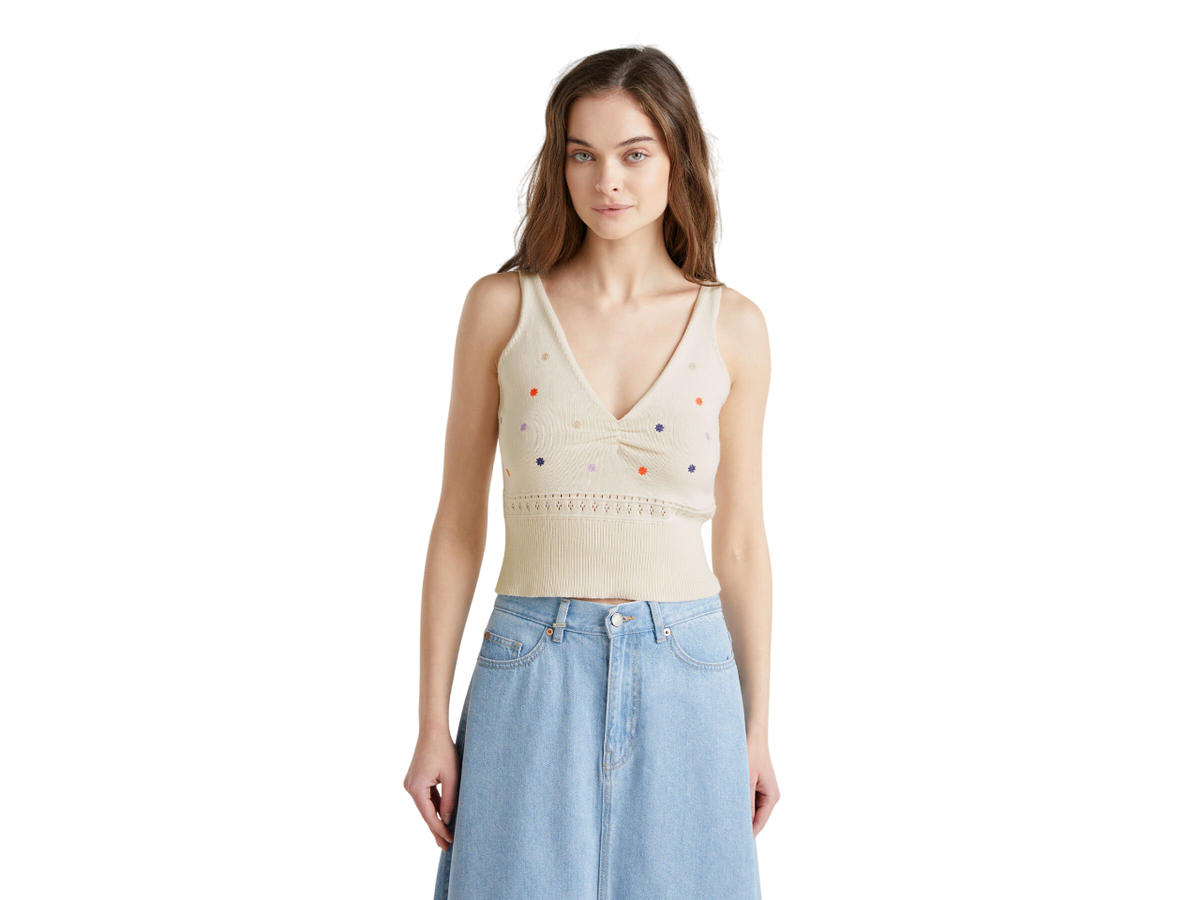 Benetton Knit Tank Top With Flower Embroidery