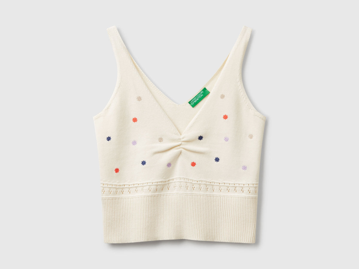 Benetton Knit Tank Top With Flower Embroidery
