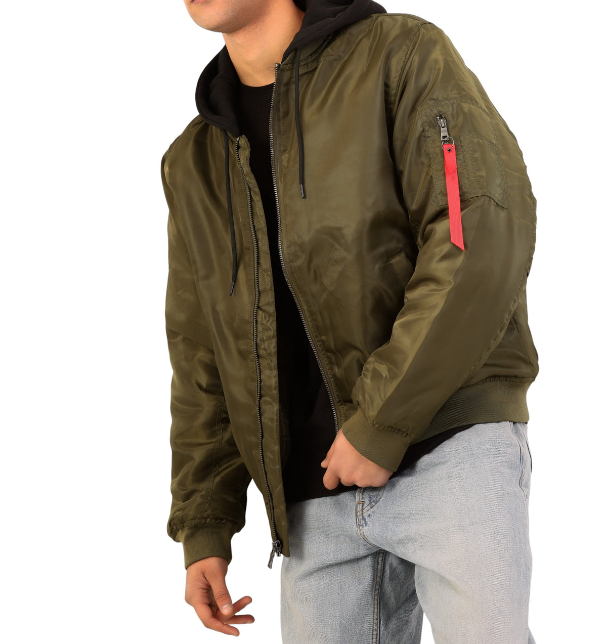 FOREVER 21 Men's Hooded MA-1 Flight Bomber Jacket in Olive Green