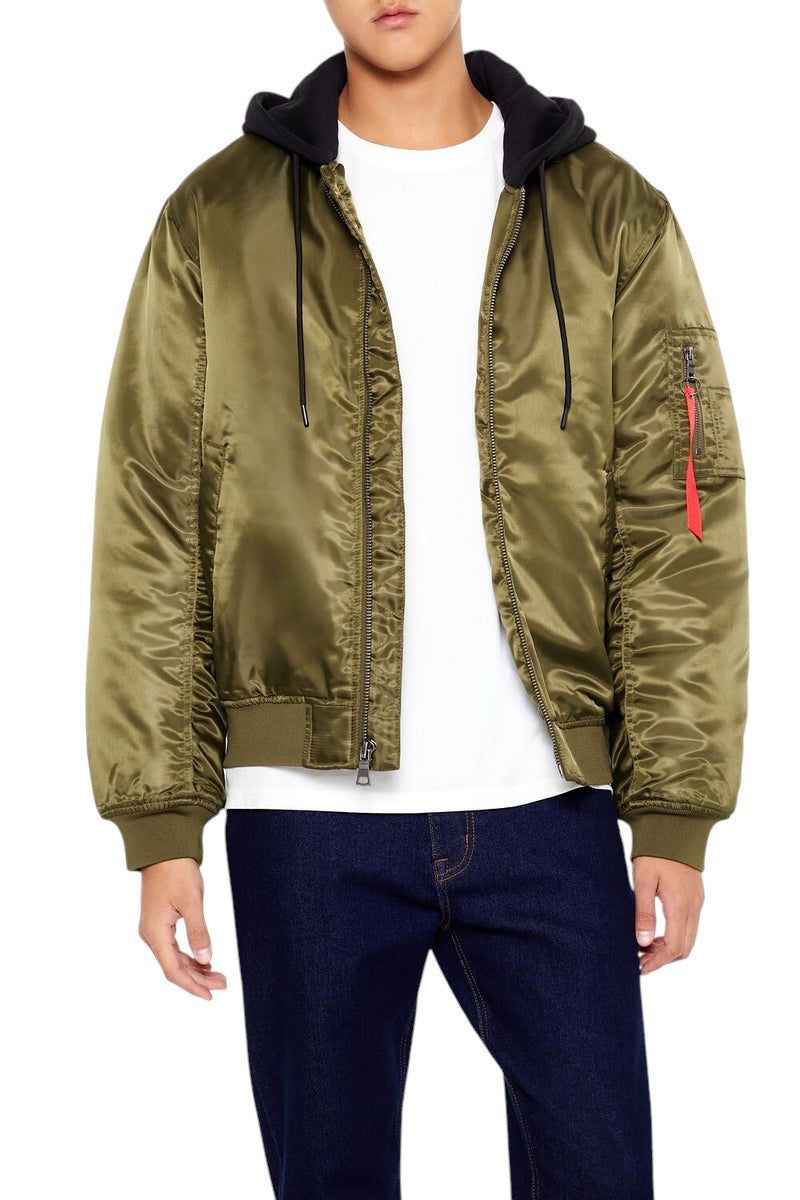 FOREVER 21 Men's Hooded MA-1 Flight Bomber Jacket in Olive Green