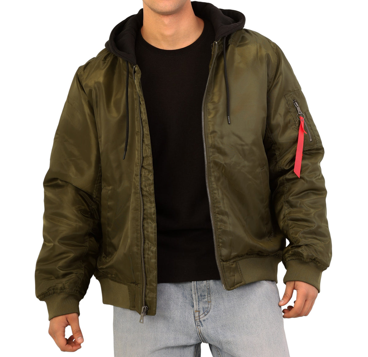 FOREVER 21 Men's Hooded MA-1 Flight Bomber Jacket in Olive Green