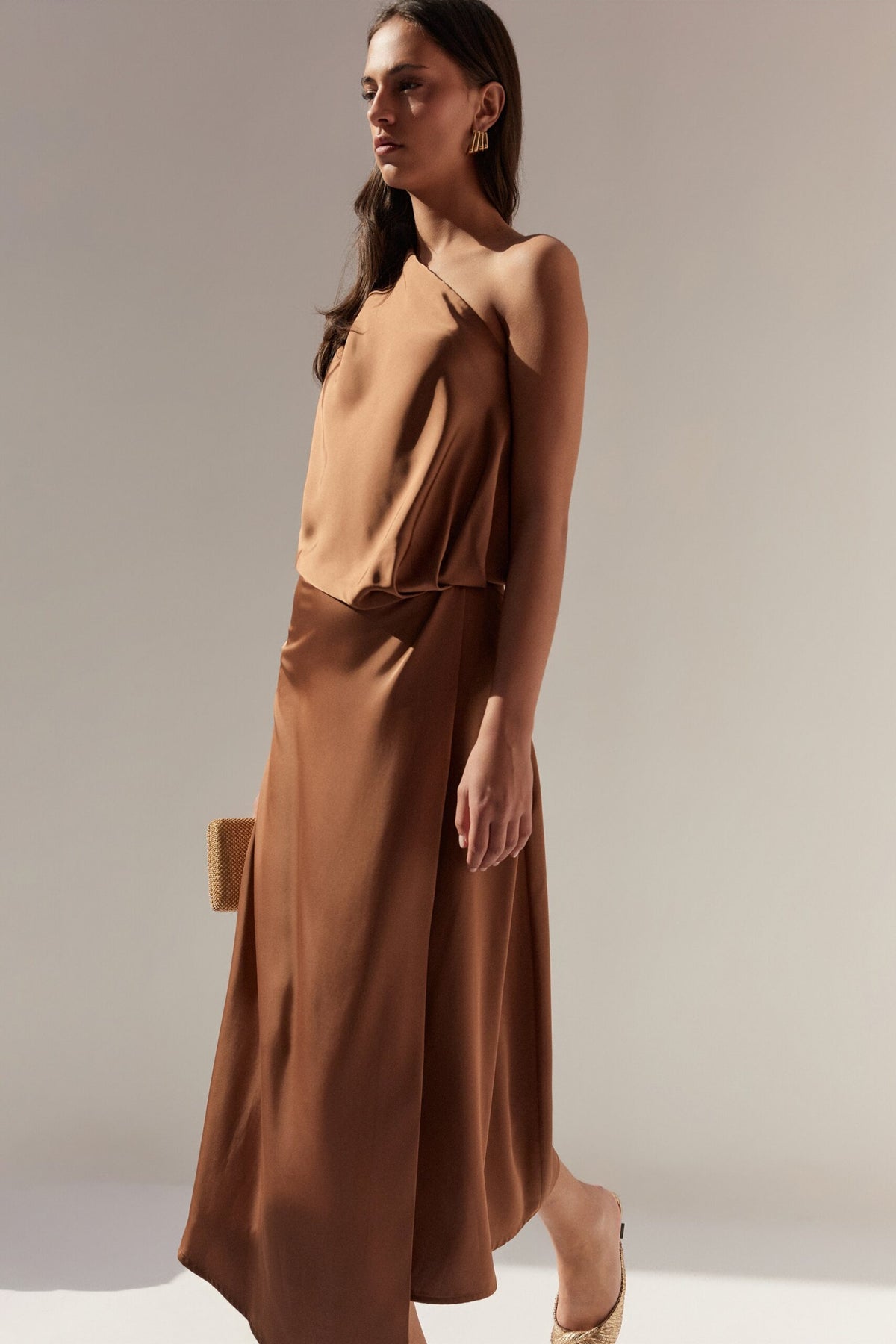 BSB Midi satin asymmetric dress with one shoulder