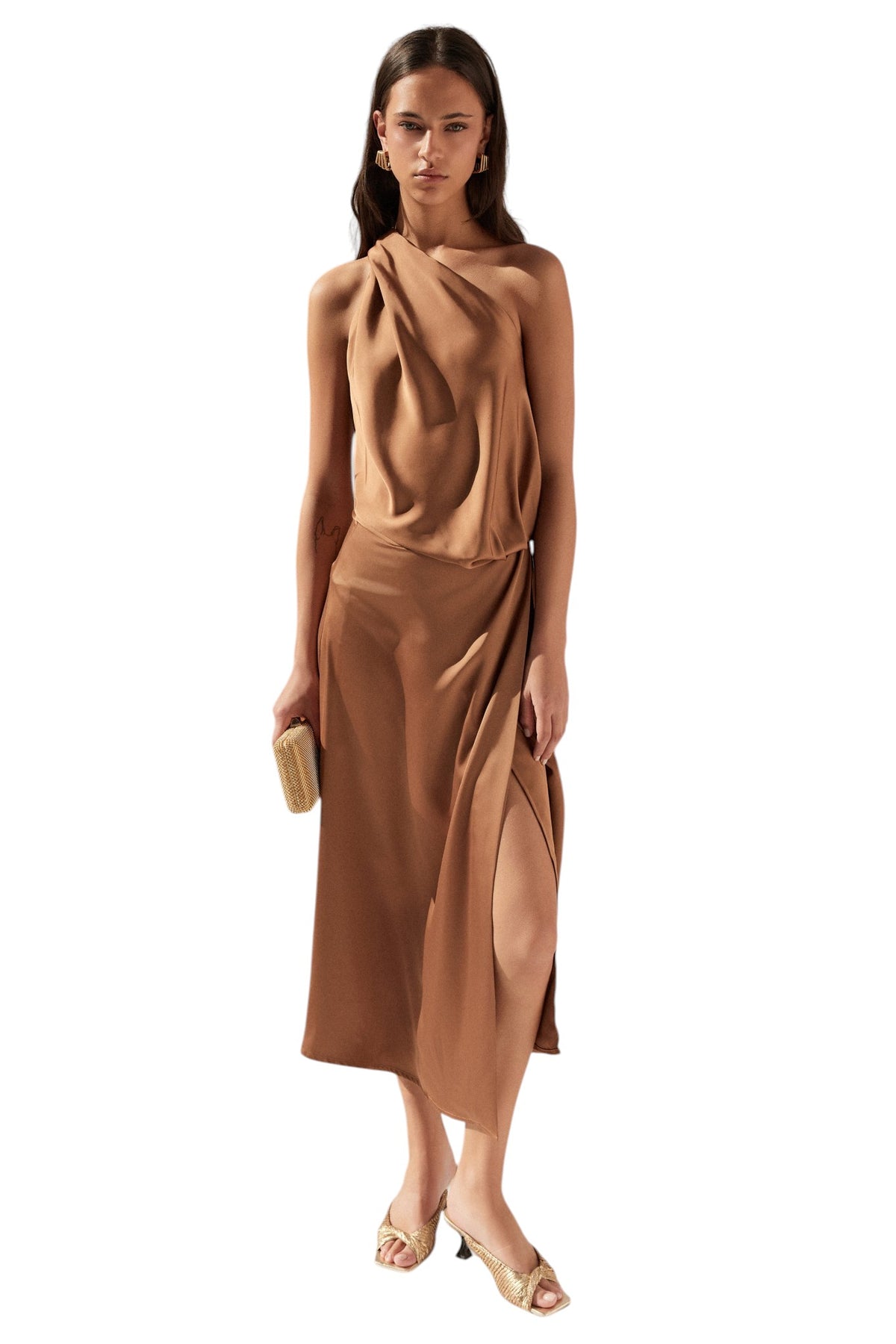 BSB Midi satin asymmetric dress with one shoulder