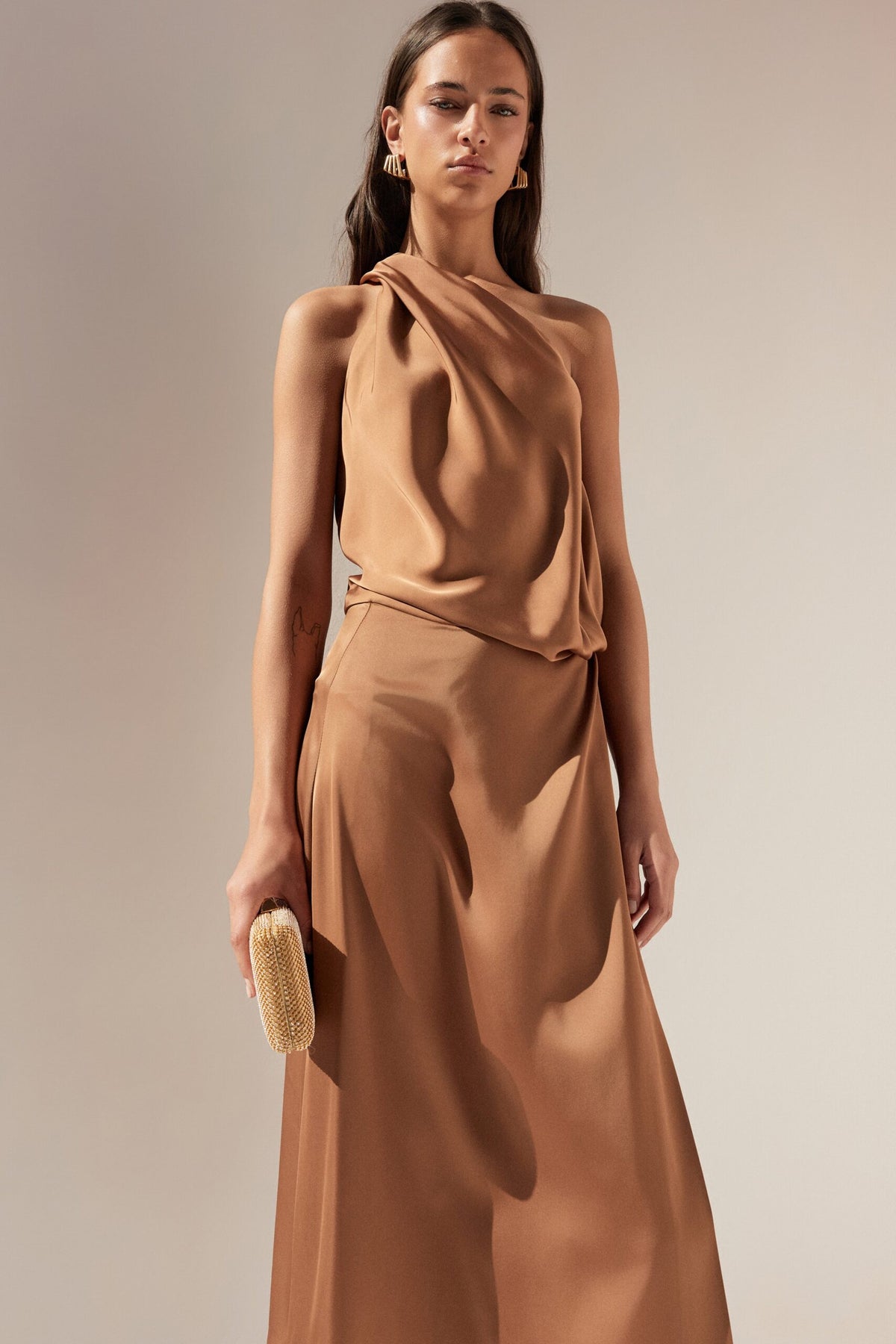 BSB Midi satin asymmetric dress with one shoulder