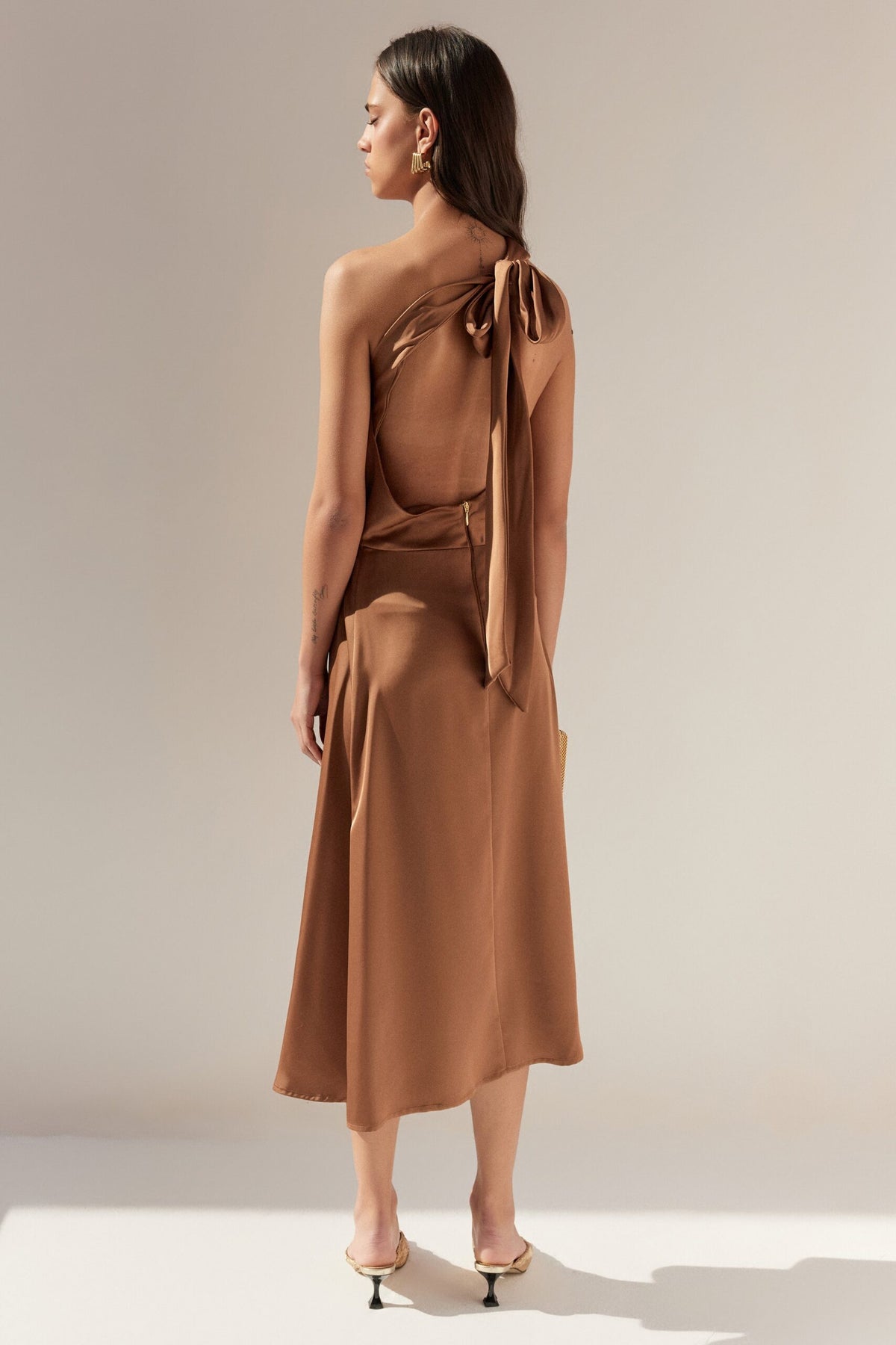 BSB Midi satin asymmetric dress with one shoulder