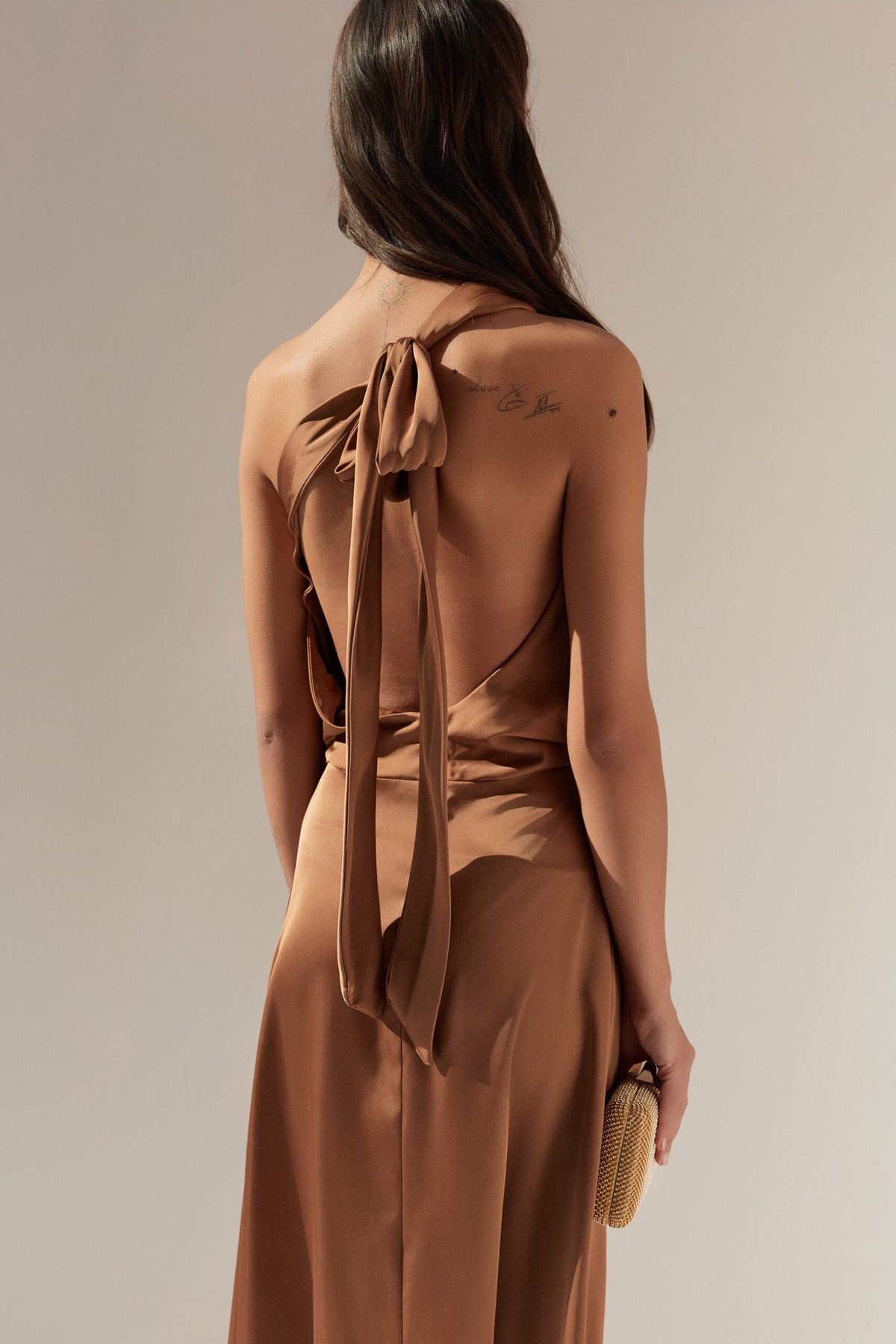 BSB Midi satin asymmetric dress with one shoulder