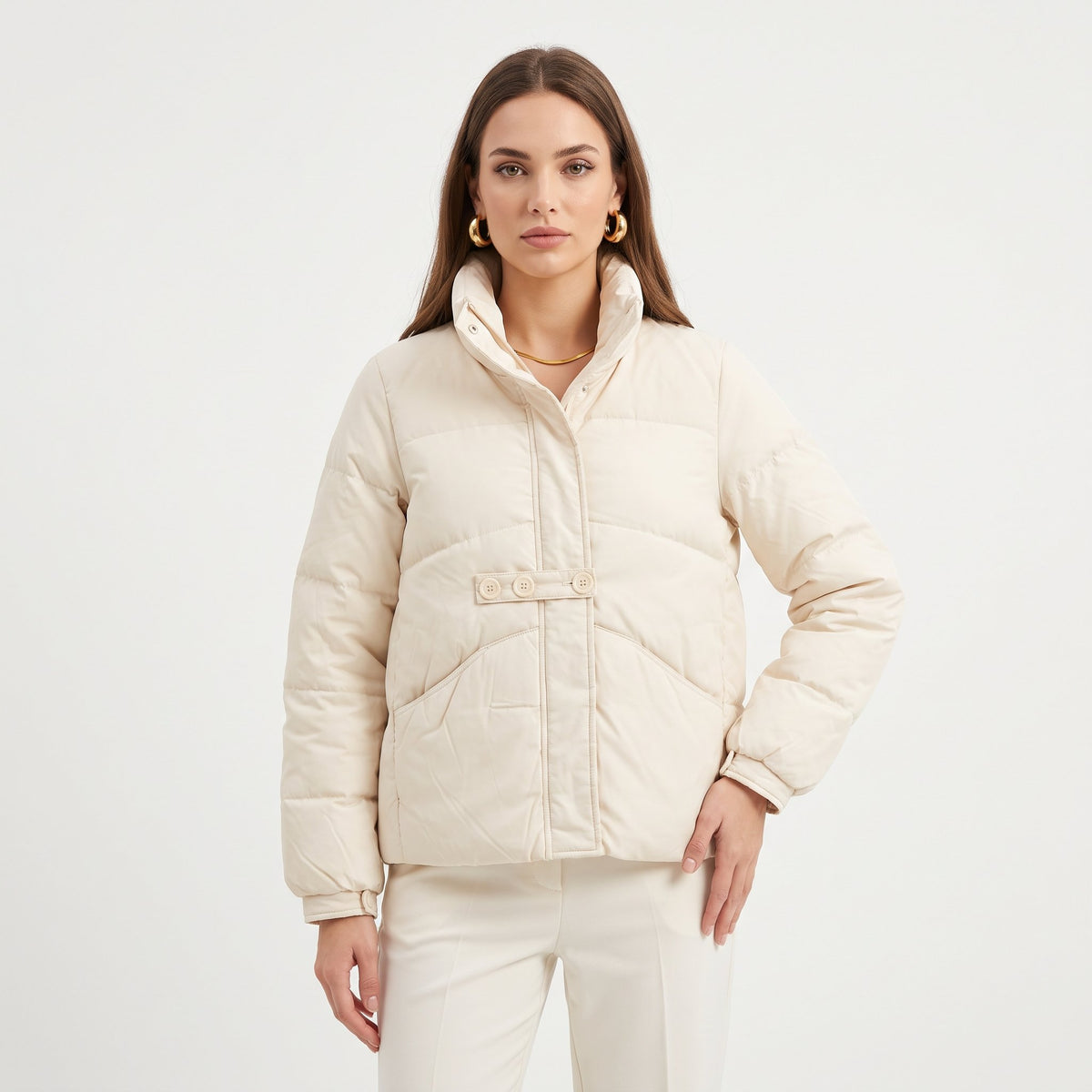 Puffer Jacket Warm Padded Winter Outerwear - Off White