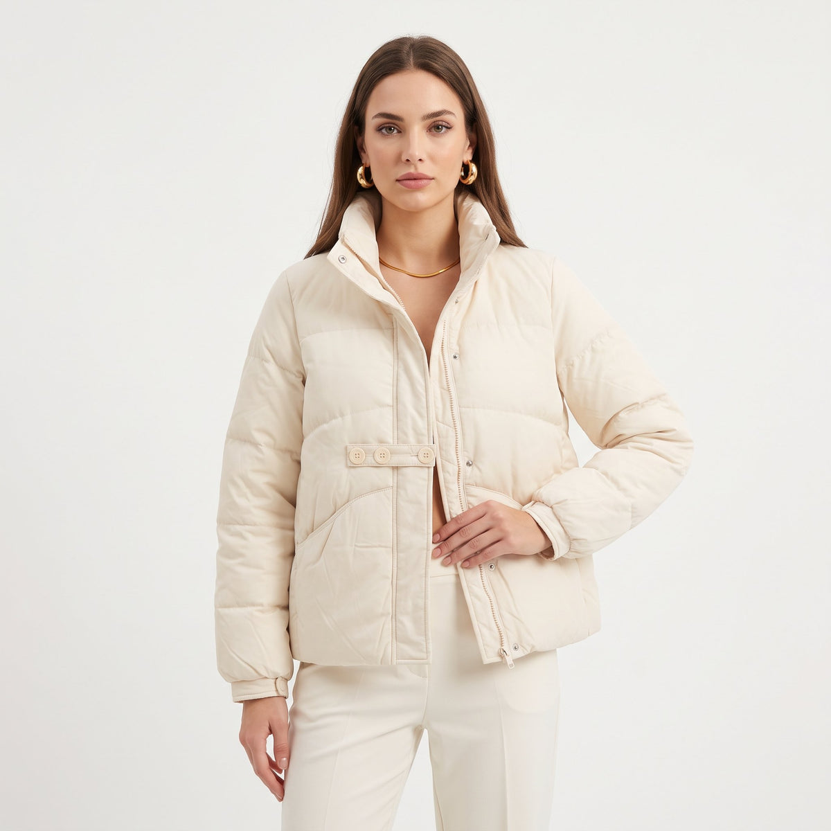 Puffer Jacket Warm Padded Winter Outerwear - Off White