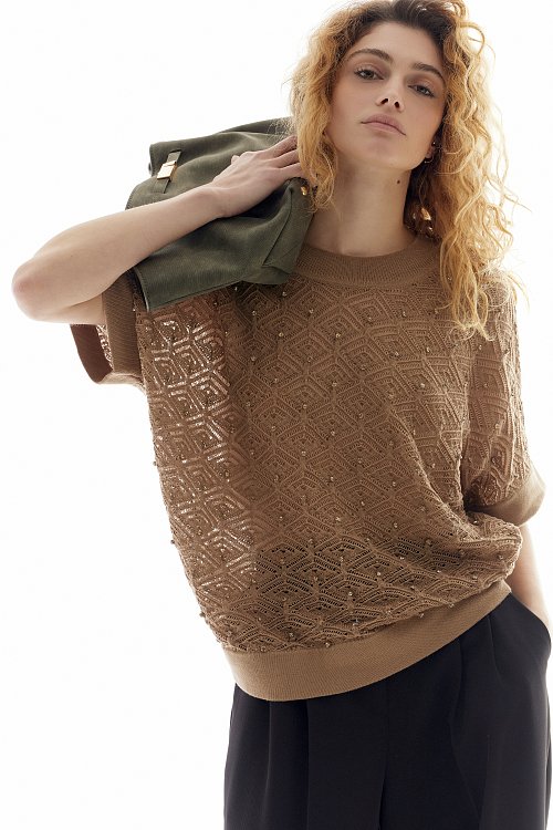 BSB Short sleeves sweater with cut works and rhinestones