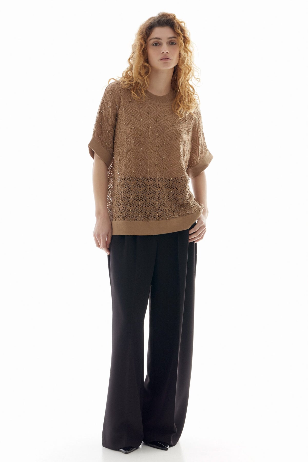 BSB Short sleeves sweater with cut works and rhinestones