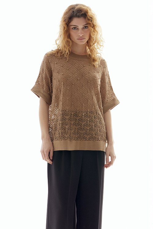 BSB Short sleeves sweater with cut works and rhinestones