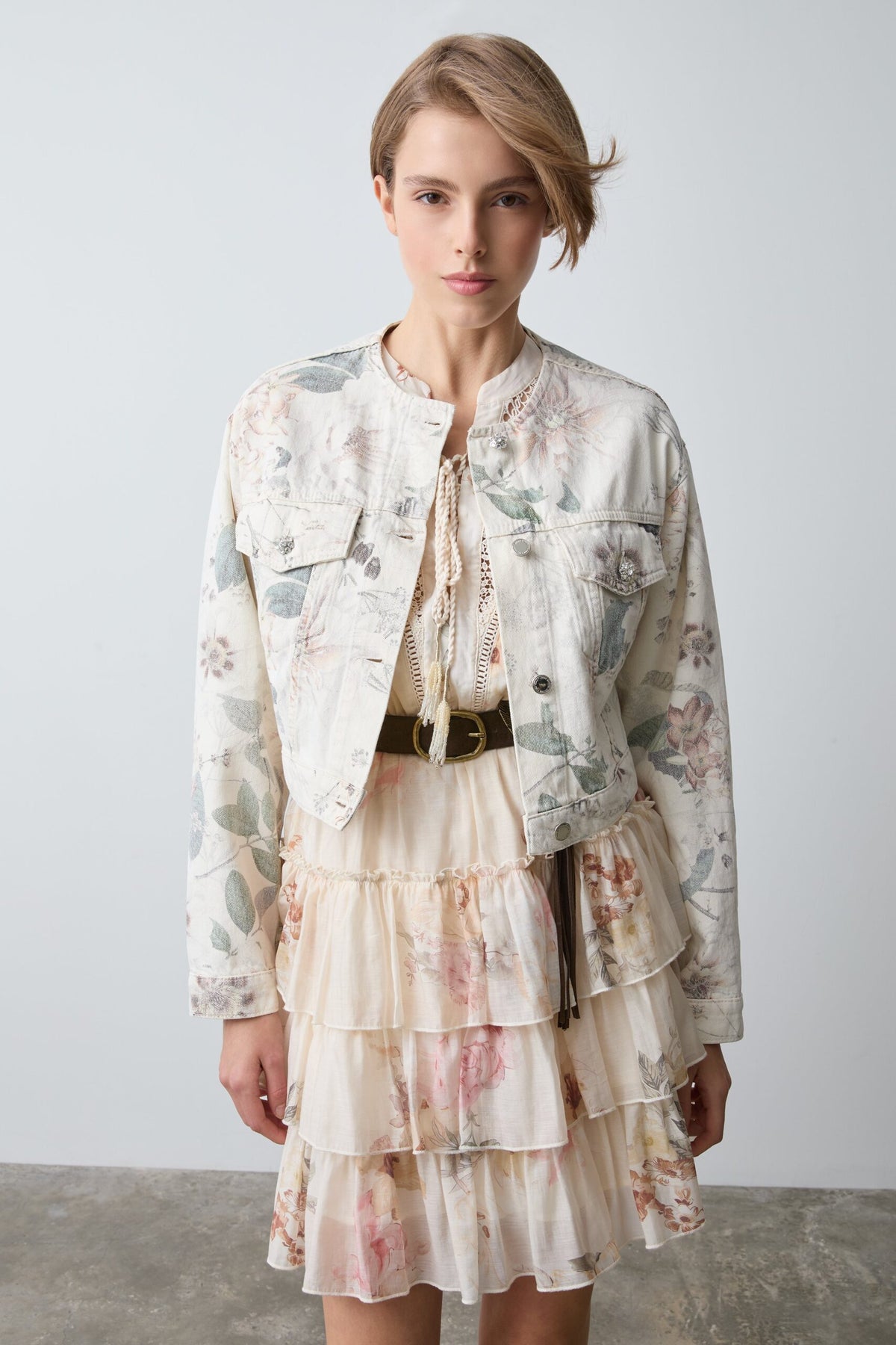 BSB Women's Floral Tiered Mini Dress with Lace Details