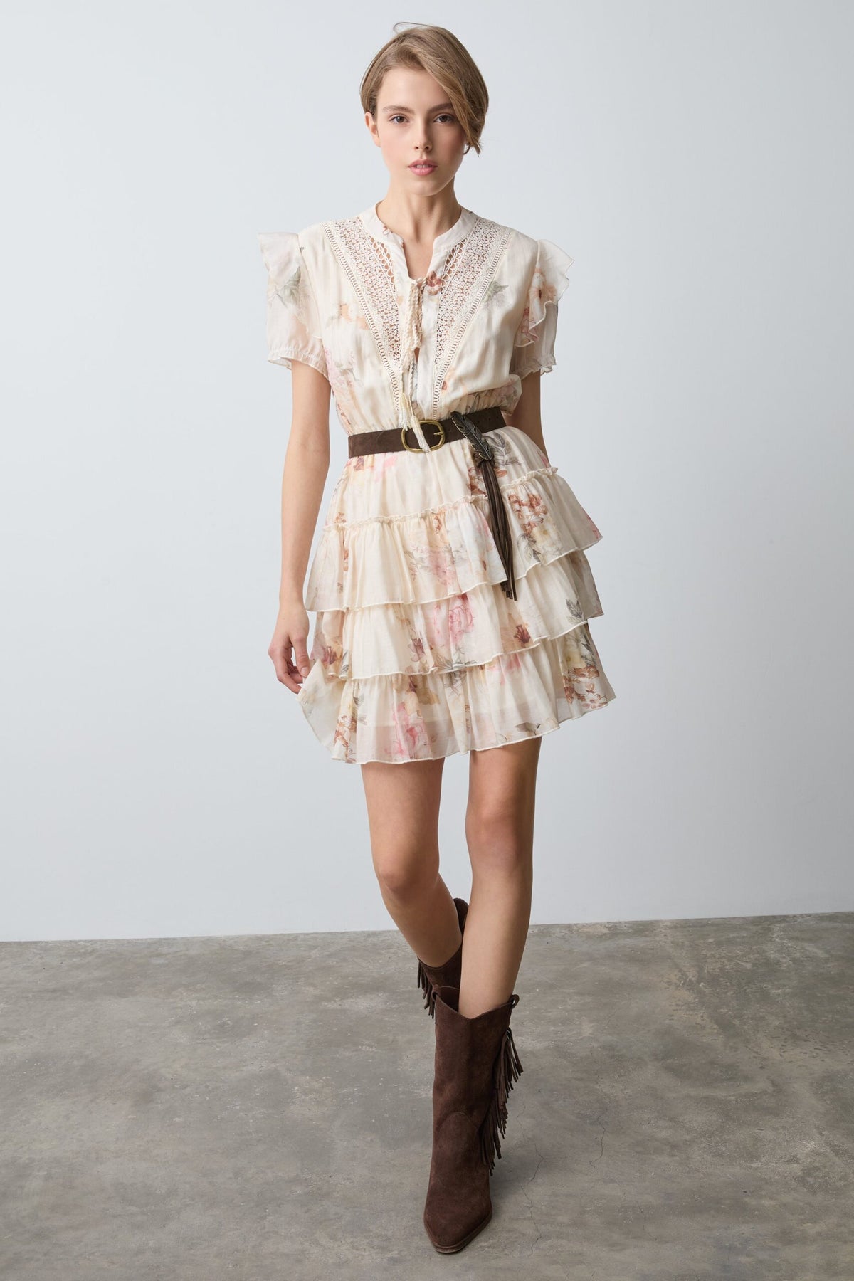 BSB Women's Floral Tiered Mini Dress with Lace Details