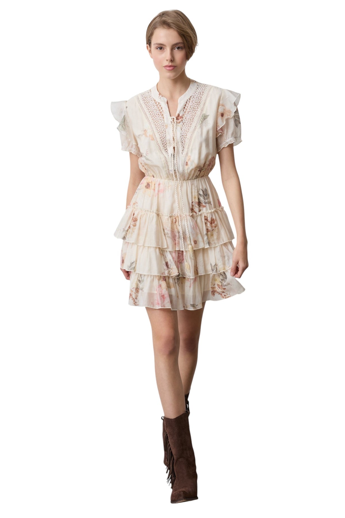 BSB Women's Floral Tiered Mini Dress with Lace Details