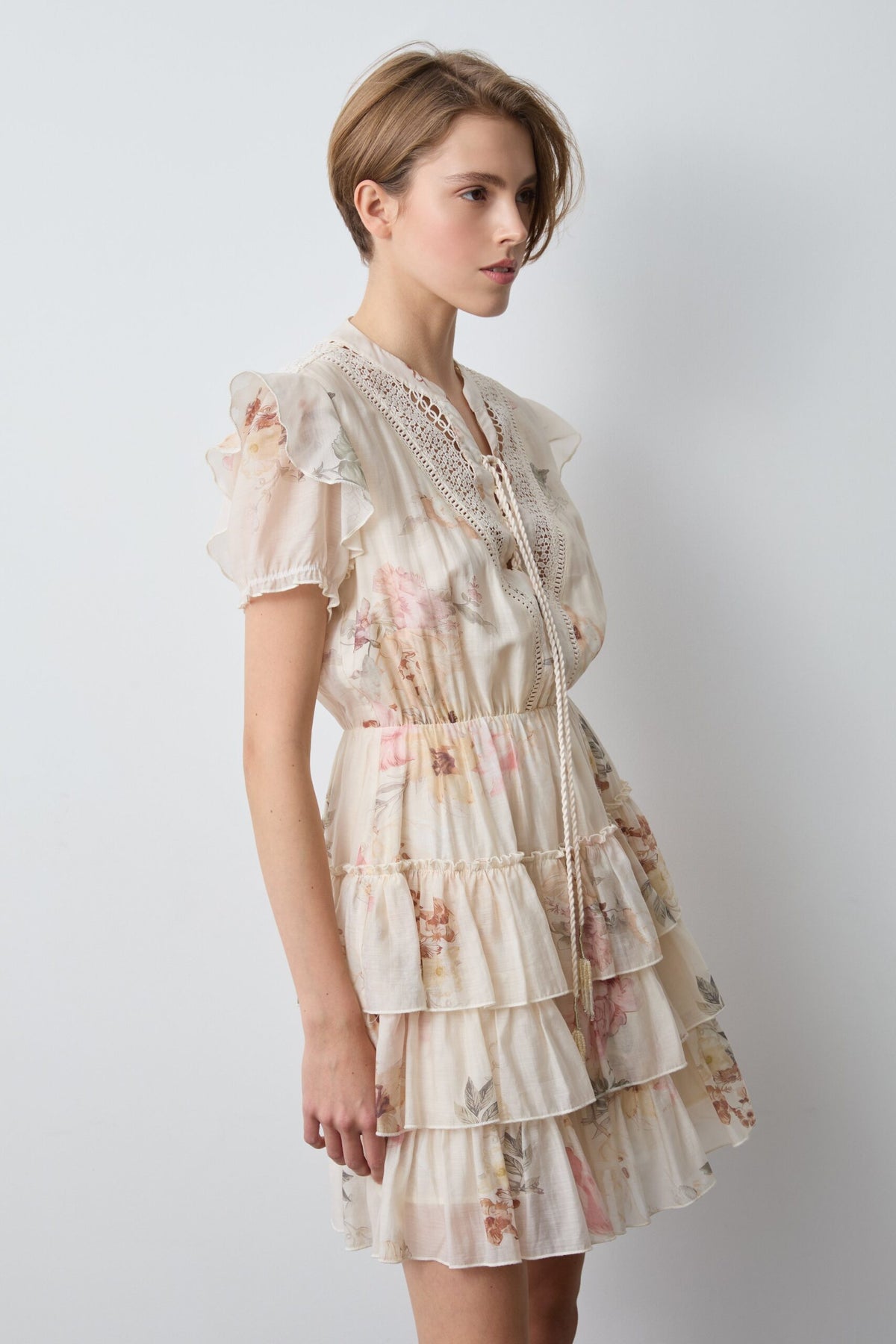 BSB Women's Floral Tiered Mini Dress with Lace Details