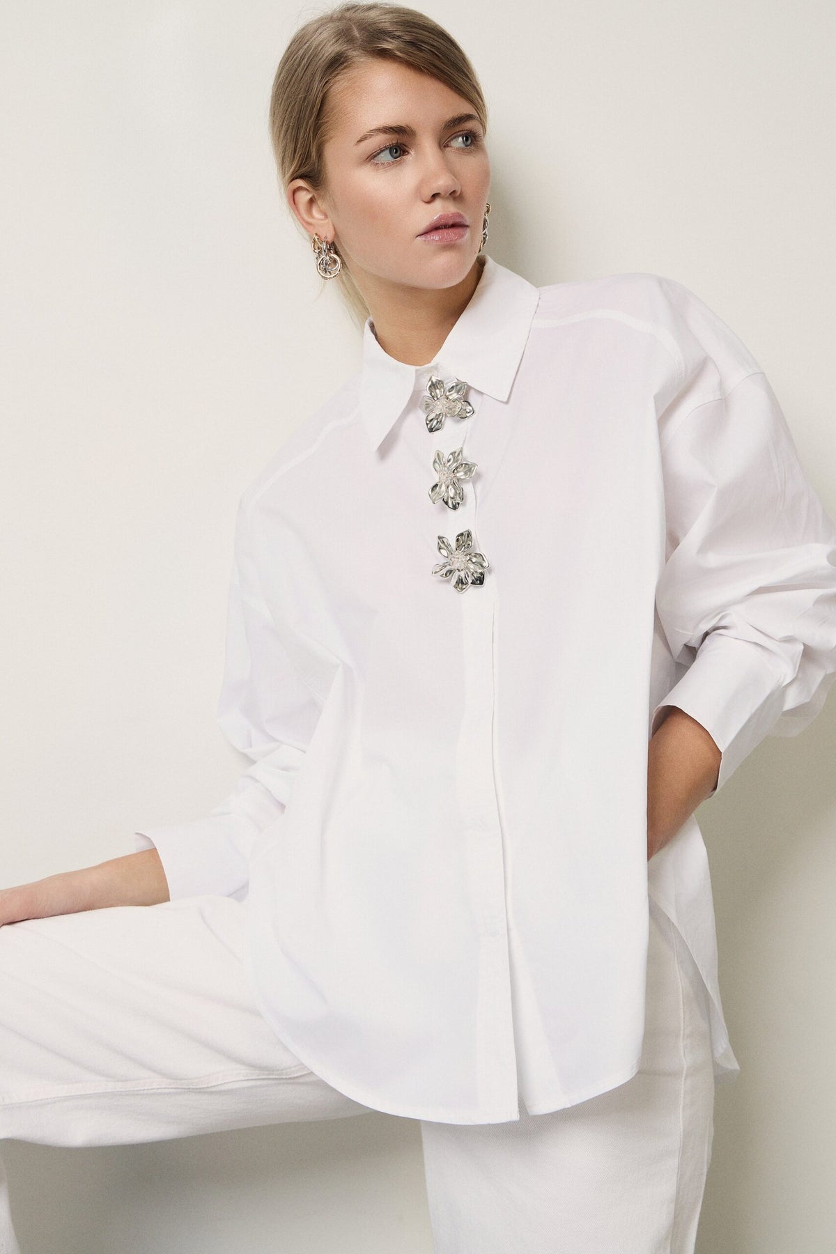 BSB Women's Oversized Cotton Shirt with Jewel Embellishments