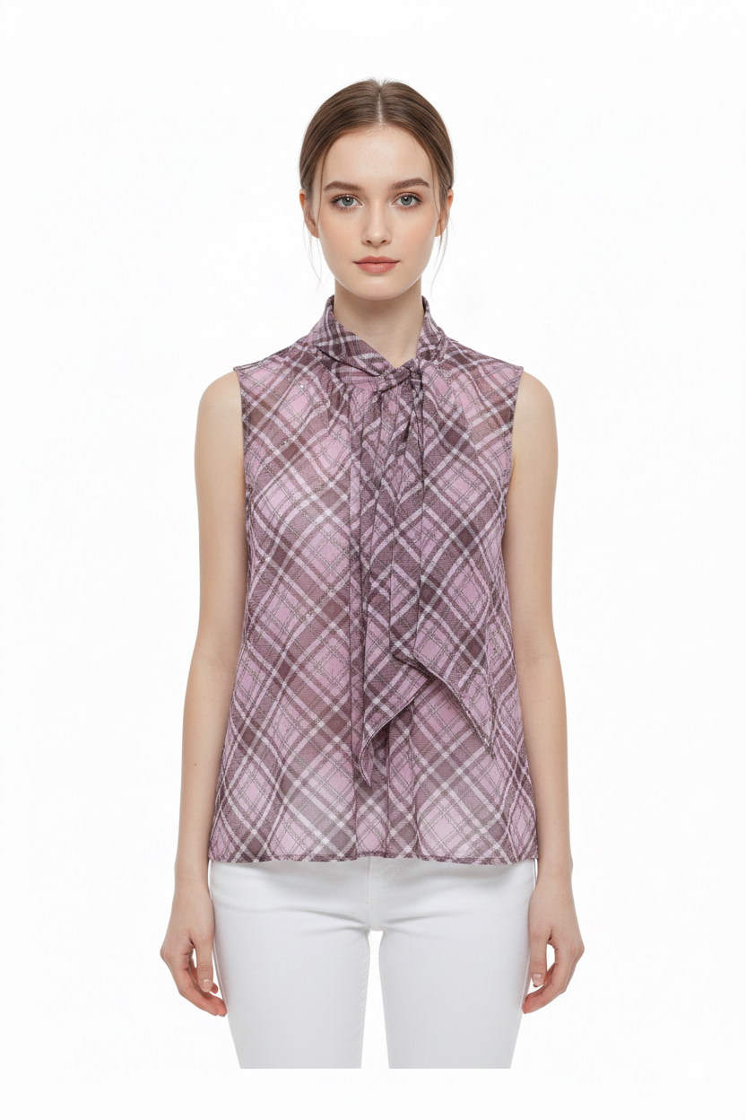 BSB Sleeveless checkered blouse with bow regular fit