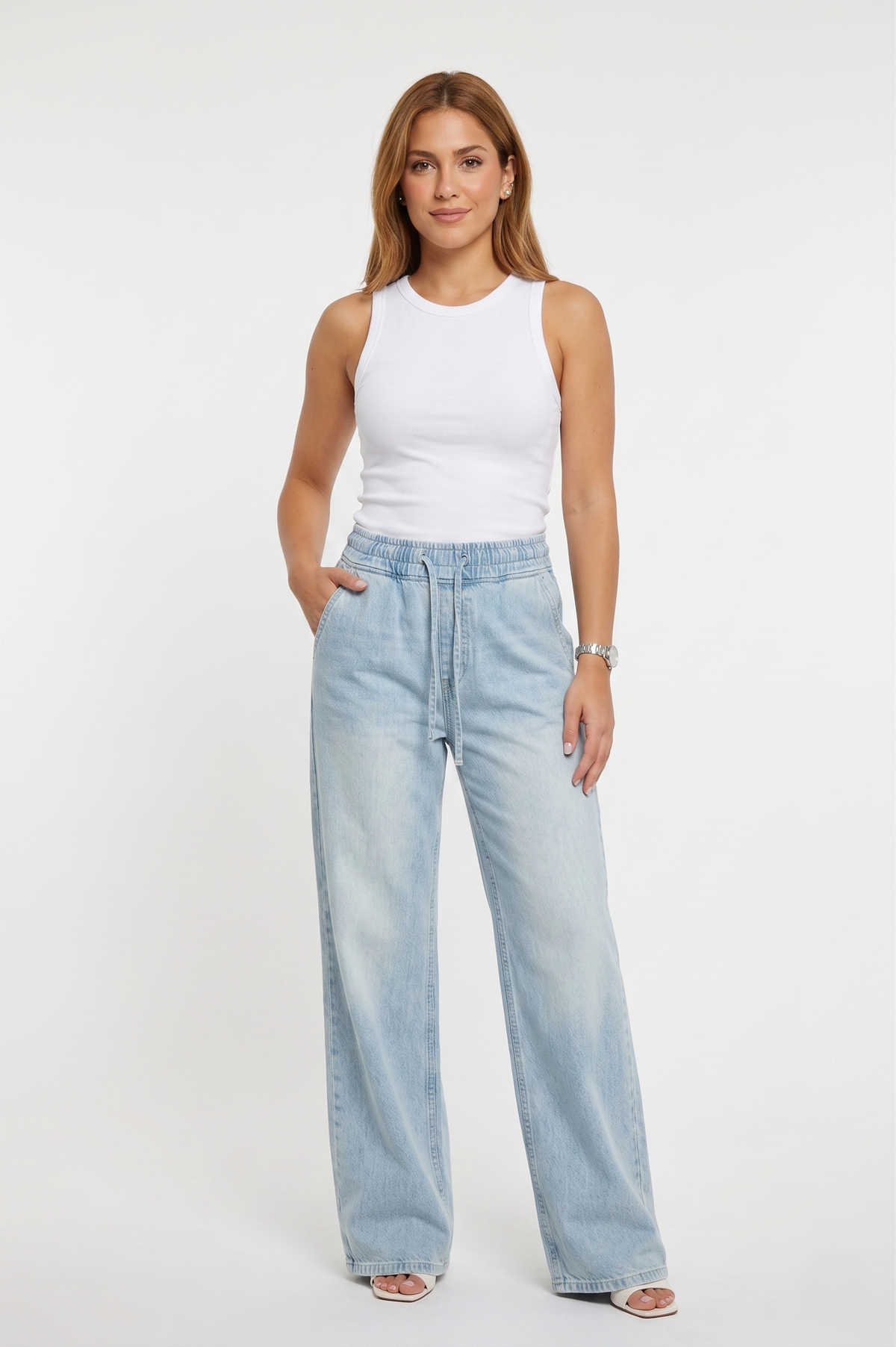 FOREVER 21 High-Waisted Light-Wash Pull-On Wide-Leg Denim Joggers