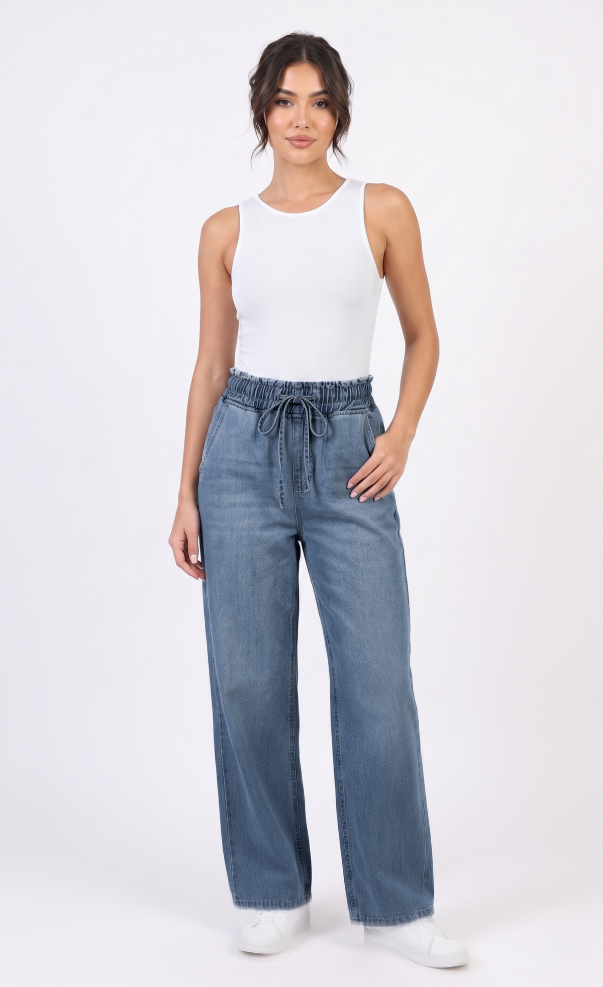 FOREVER 21 High-Waisted Light-Wash Pull-On Wide-Leg Denim Joggers