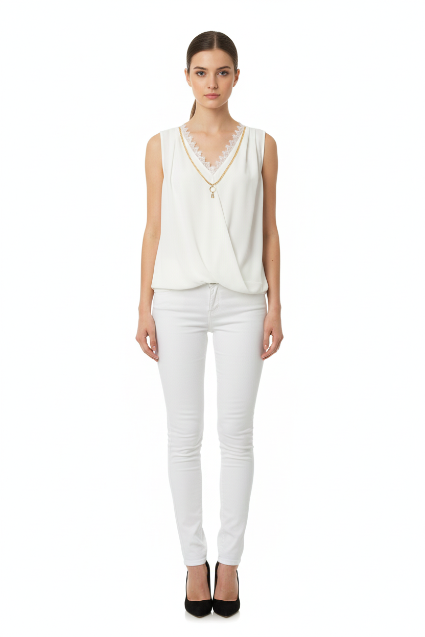 BSB Sleeveless wrap blouse with lace and bejeweled necklace