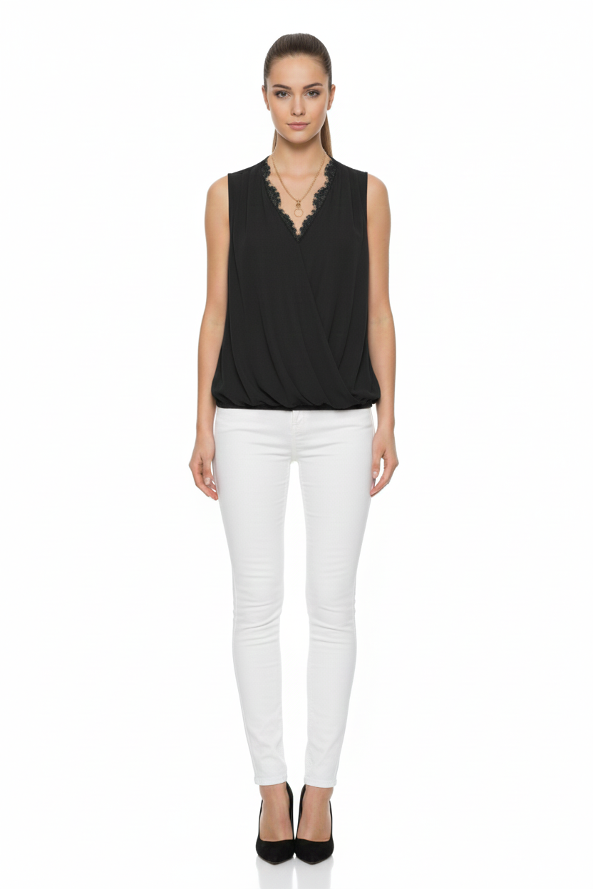 BSB Sleeveless wrap blouse with lace and bejeweled necklace