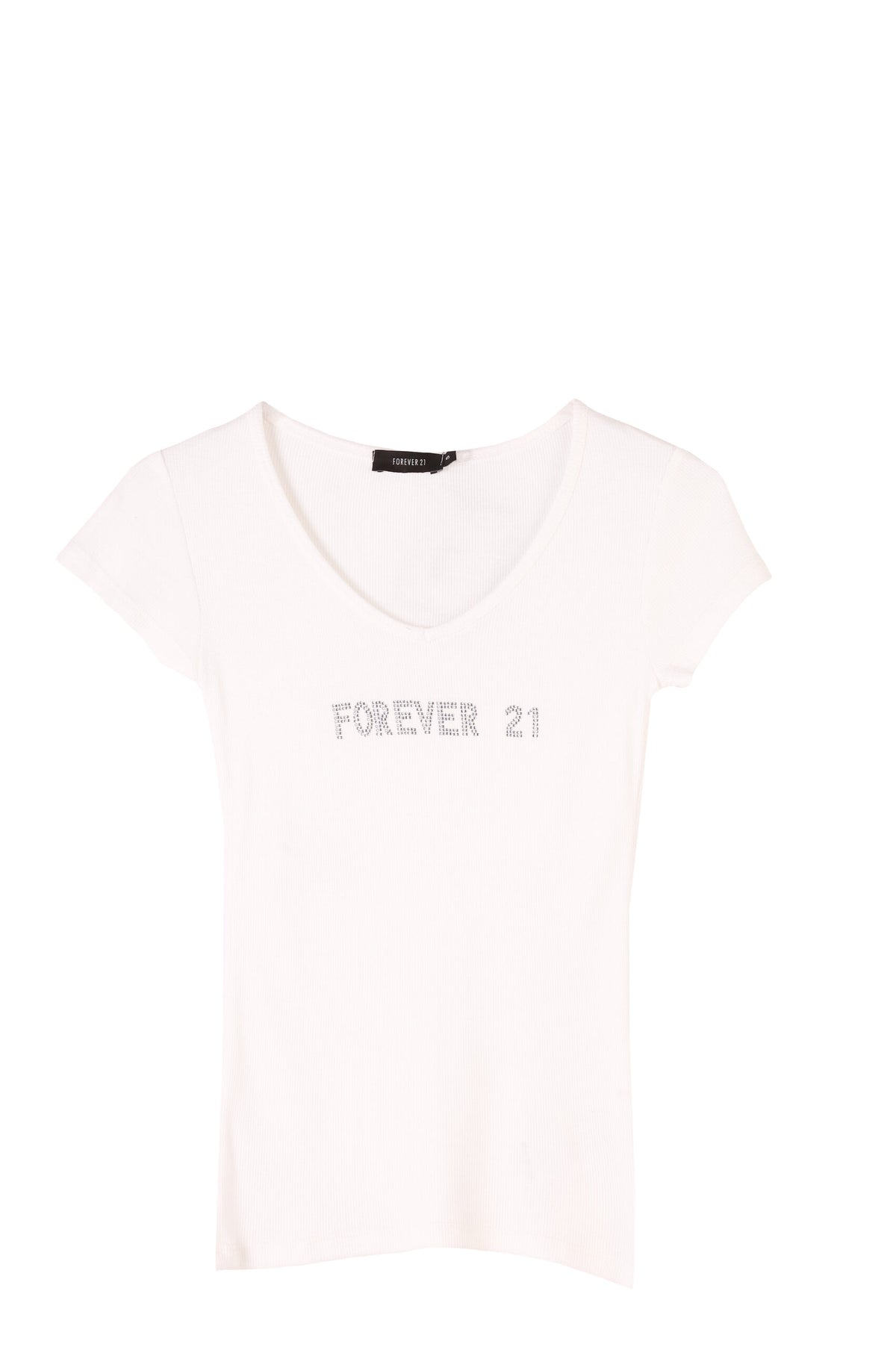 FOREVER 21 Rhinestone Logo V-Neck Ribbed Tee