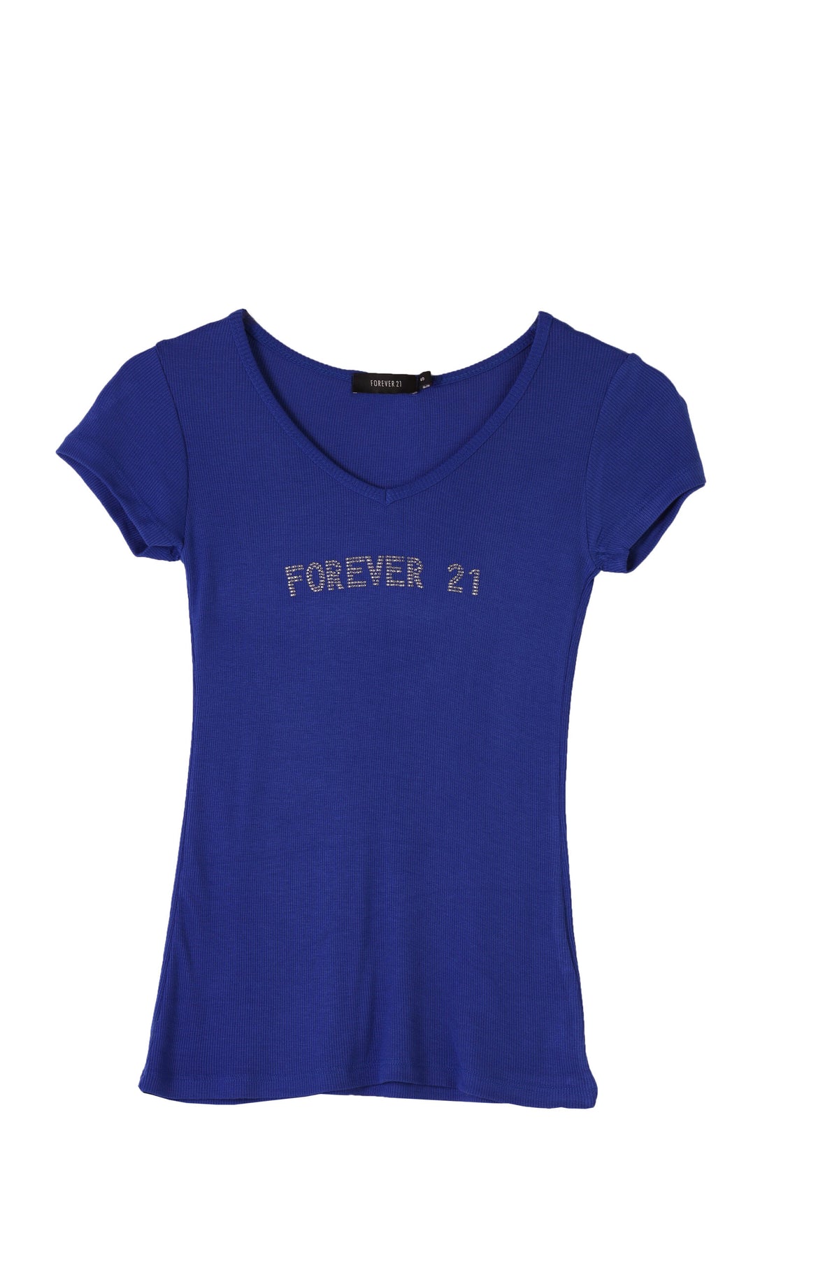 FOREVER 21 Rhinestone Logo V-Neck Ribbed Tee