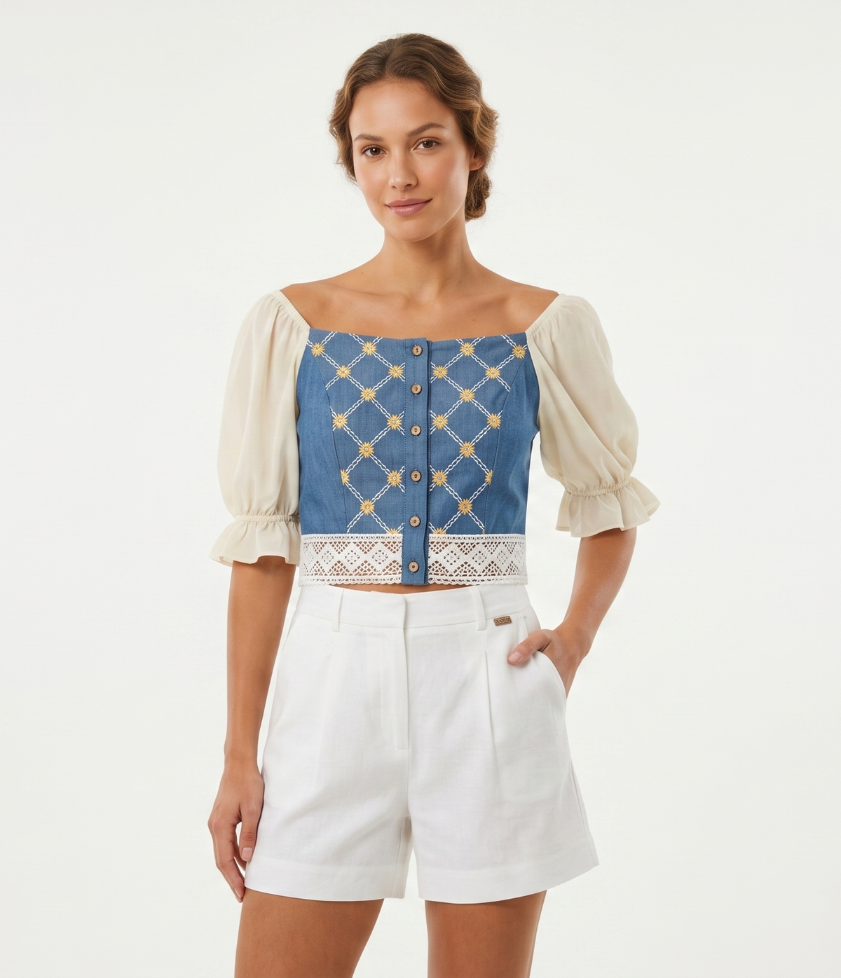 FOREVER 21 Embroidered Mixed-Media Crop Top with Puff Sleeves and Lace Trim