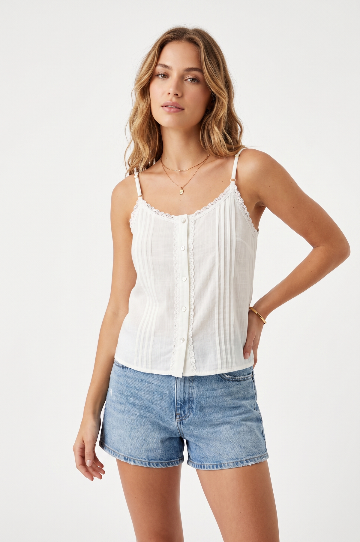 FOREVER 21 Pintuck Pleated Camisole Top with Lace Trim and Button-Down Front