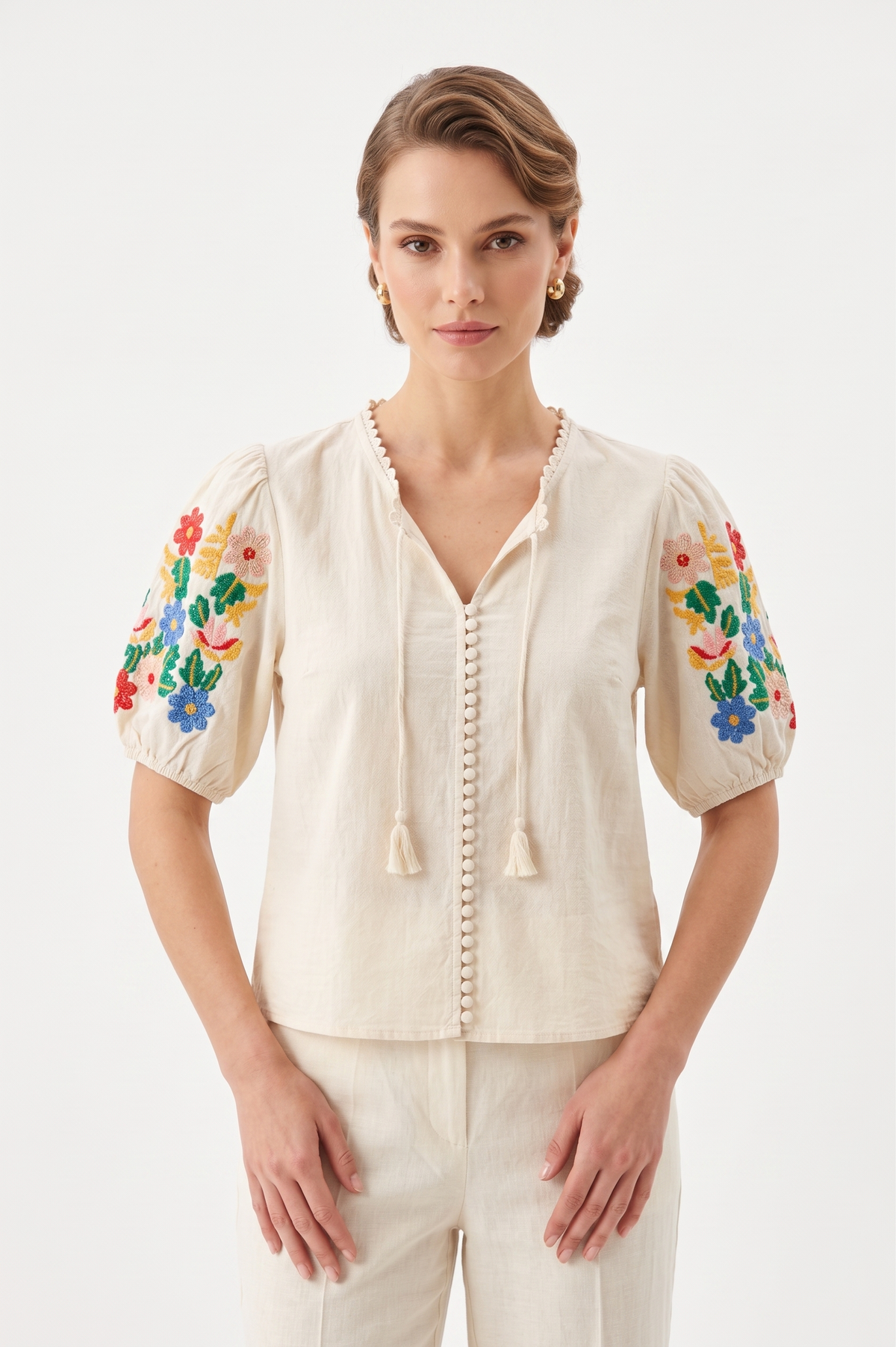 FOREVER 21 Linen-Blend Split V-Neck Blouse with Floral Embroidered Puff Sleeves and Front Tie