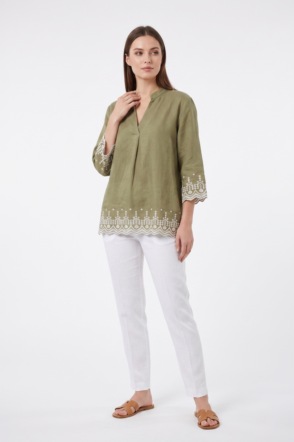 FOREVER 21 Embroidered Scalloped Hem V-Neck Tunic Blouse