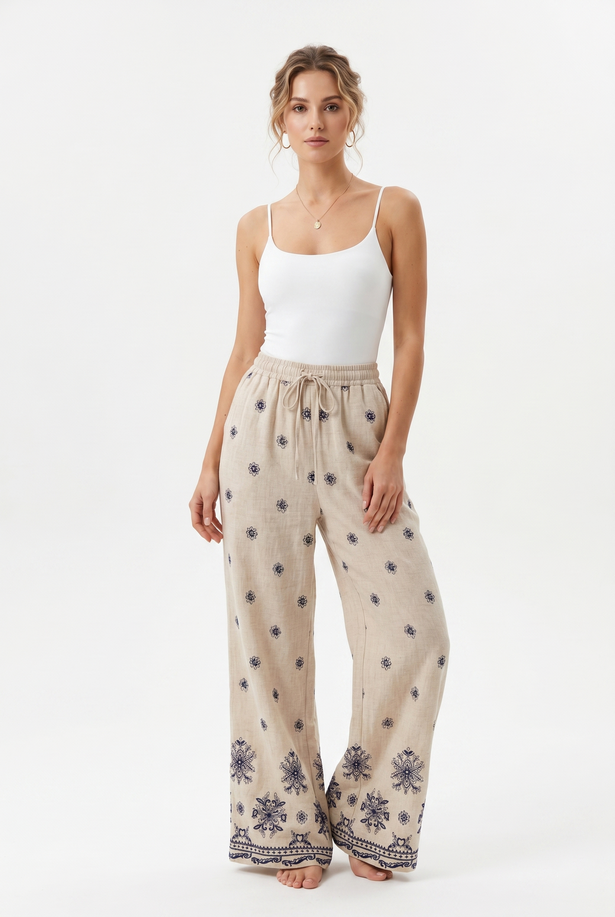 FOREVER 21 All-Over Embroidered High-Waisted Linen Wide-Leg Pants