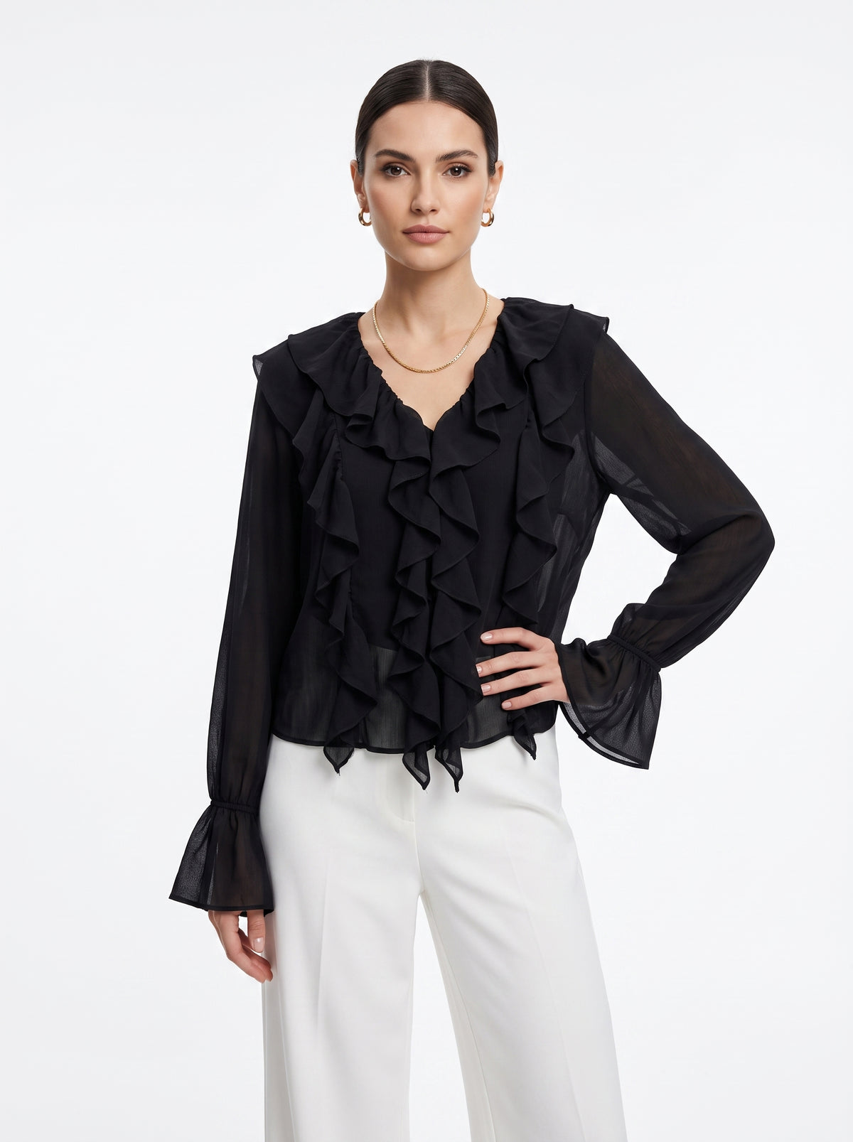 Women'S Black Sheer Sleeve Blouse - Black