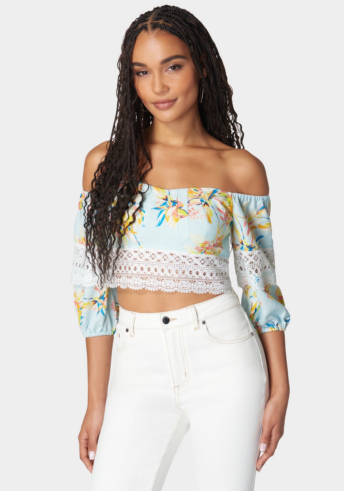 Bebe Off-Shoulder Crochet Lace Detail Linen Top