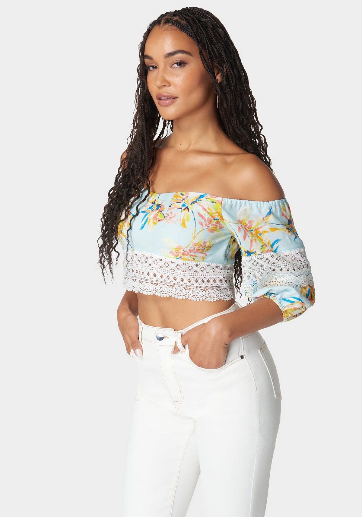 Bebe Off-Shoulder Crochet Lace Detail Linen Top