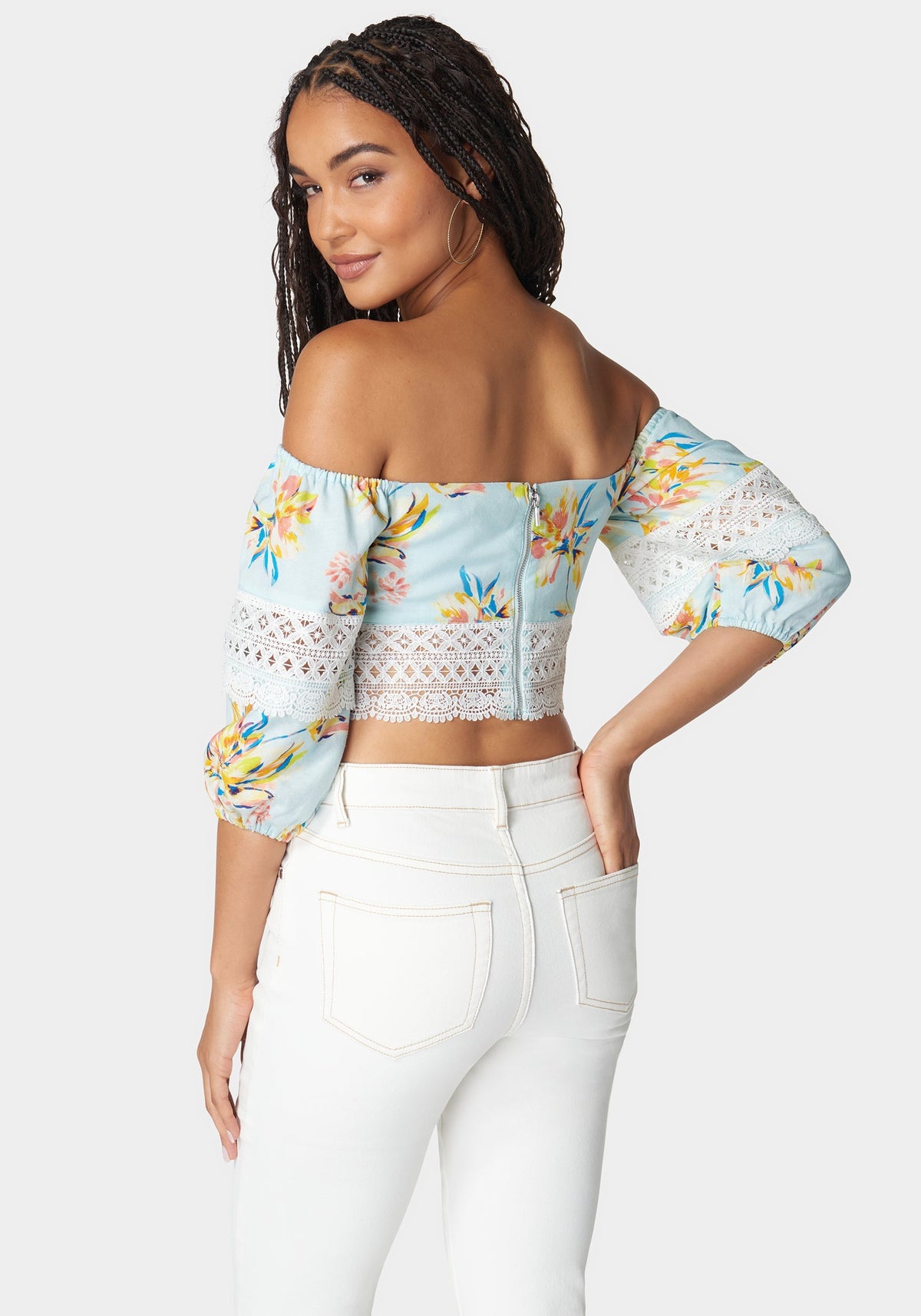 Bebe Off-Shoulder Crochet Lace Detail Linen Top