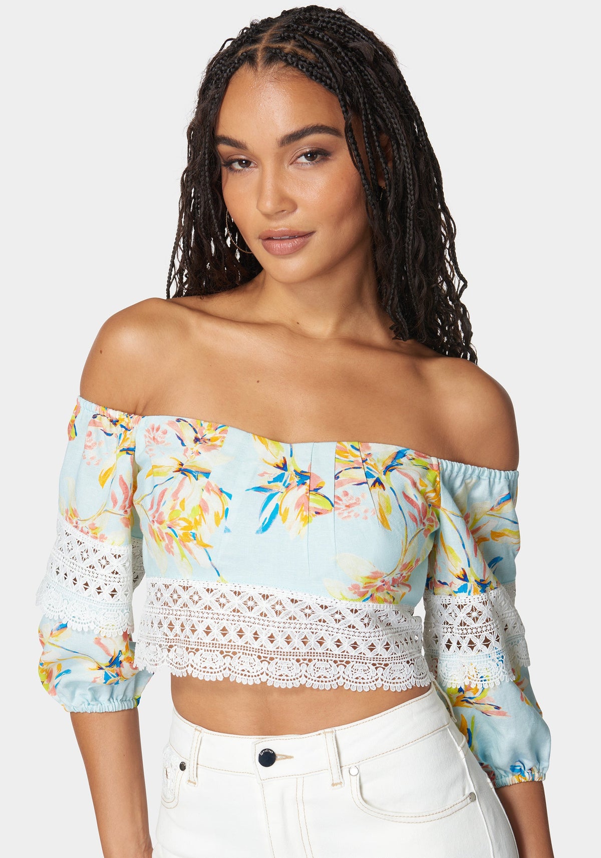 Bebe Off-Shoulder Crochet Lace Detail Linen Top