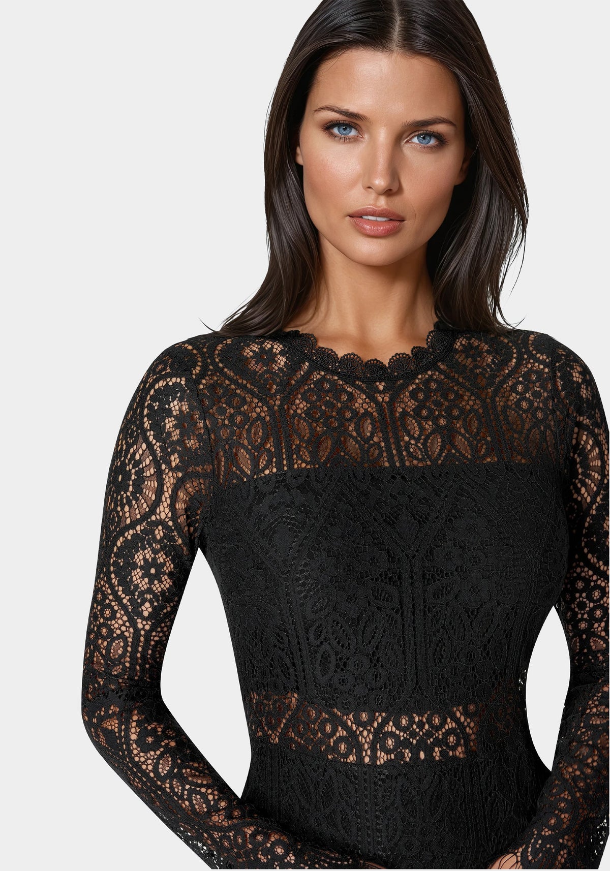 Bebe Bandeau Scallop Lace Pencil Dress
