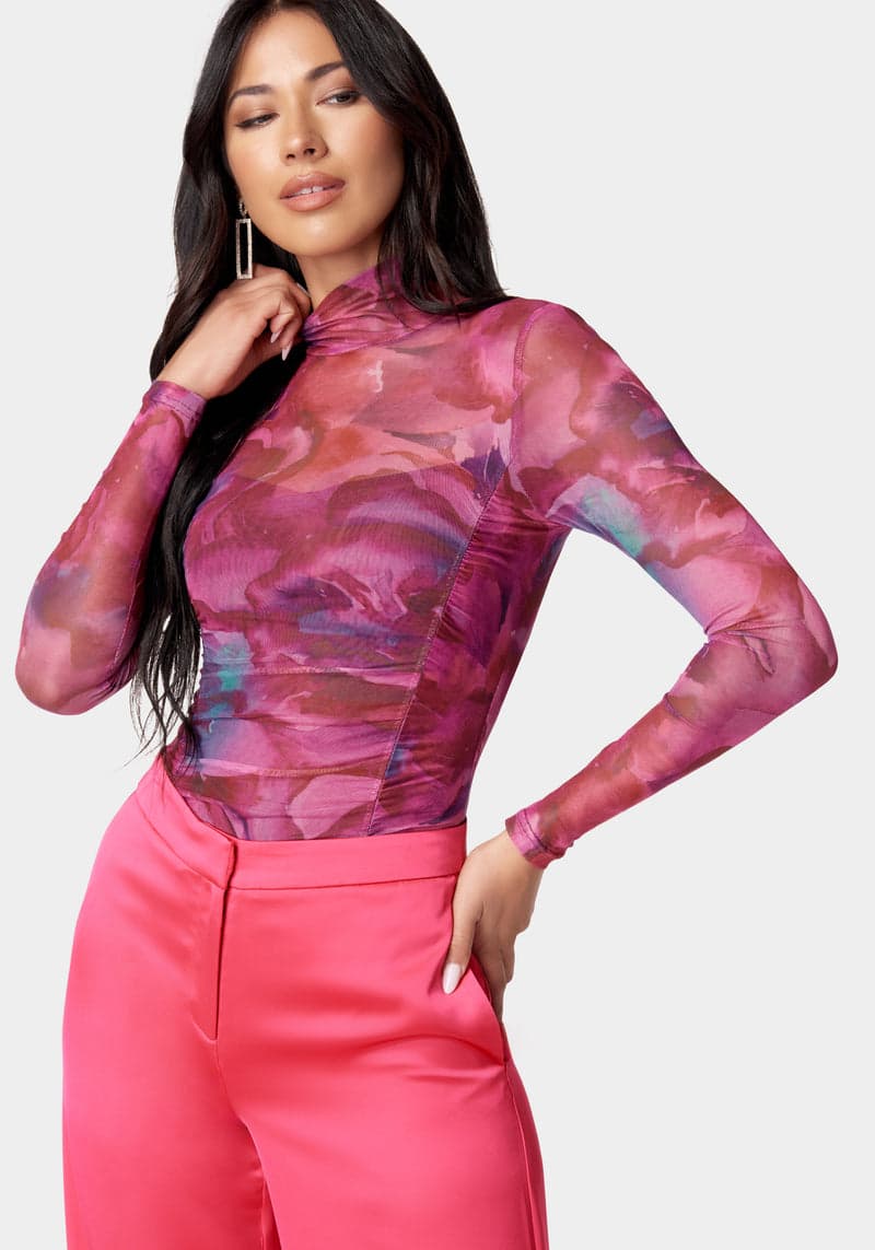 Bebe Printed Ruched Bodysuit
