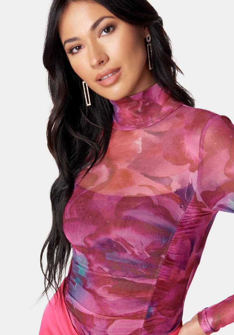 Bebe Printed Ruched Bodysuit