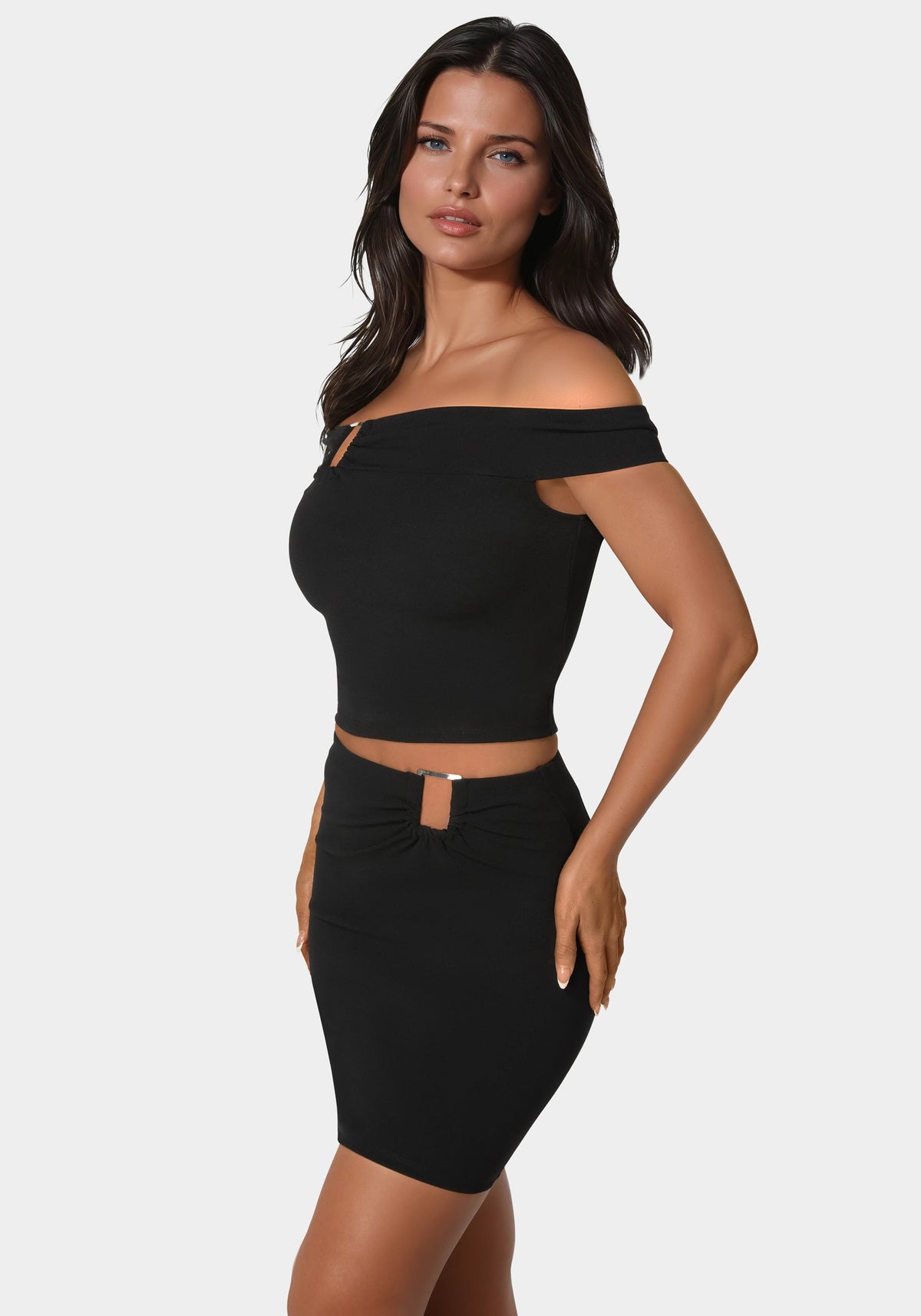 Bebe Off-Shoulder Metal Trim Top and Skirt