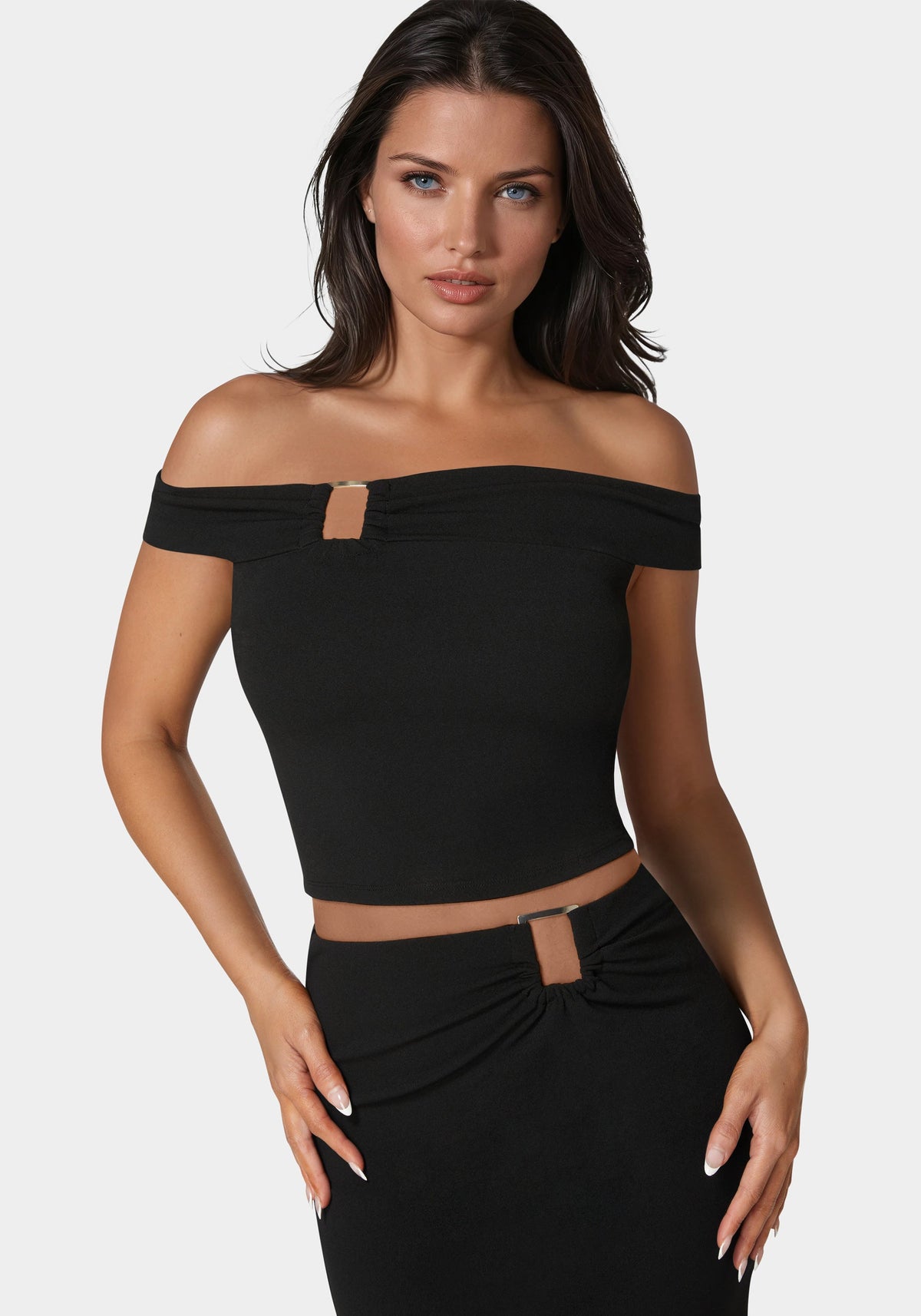 Bebe Off-Shoulder Metal Trim Top and Skirt