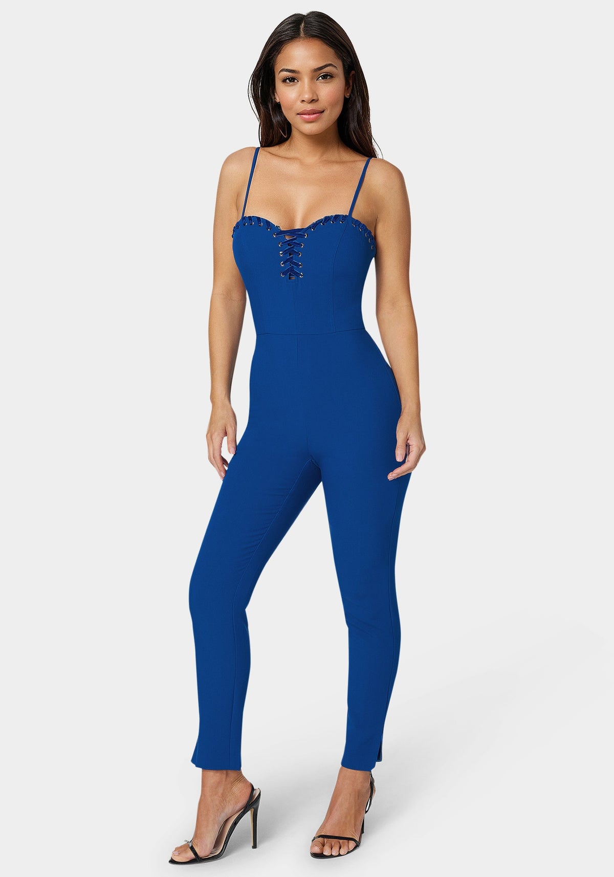 Bebe Lace-Up Neckline Slim-Leg Jumpsuit