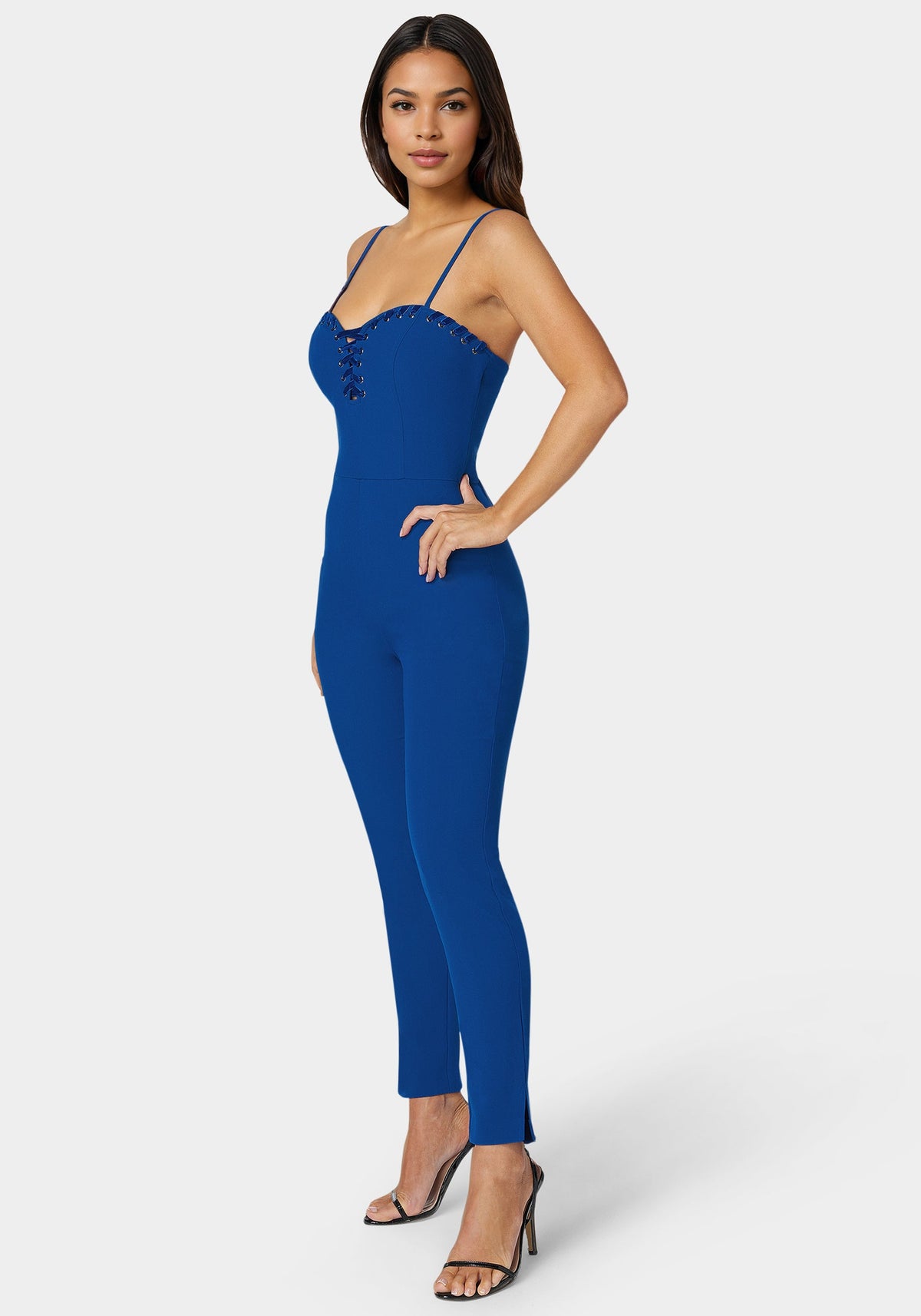 Bebe Lace-Up Neckline Slim-Leg Jumpsuit